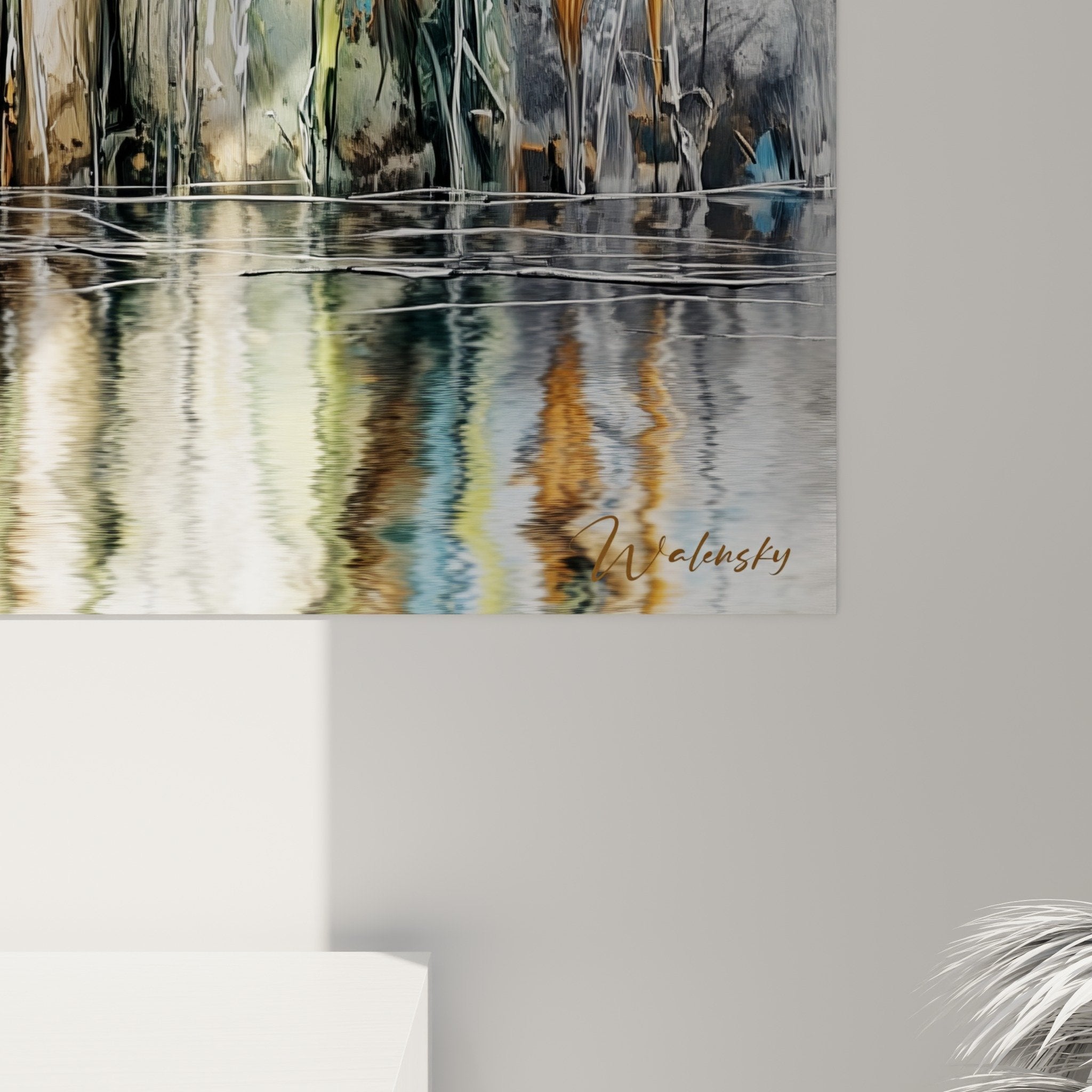 Vue ensemble tableau mural coquelicots style contemporain fond gris reflets aquatiques - deco murale