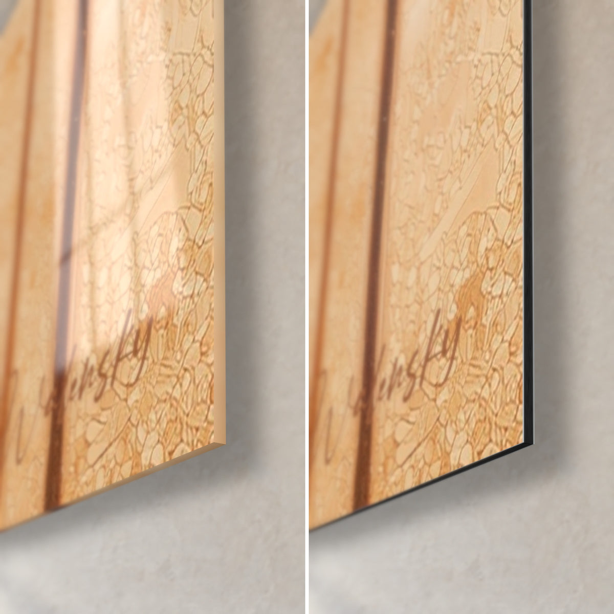 Schilderij gouden bosje met oker- en bordeauxrode accenten, rechtsonder: glanzend acrylglas en mat Dibond-aluminium