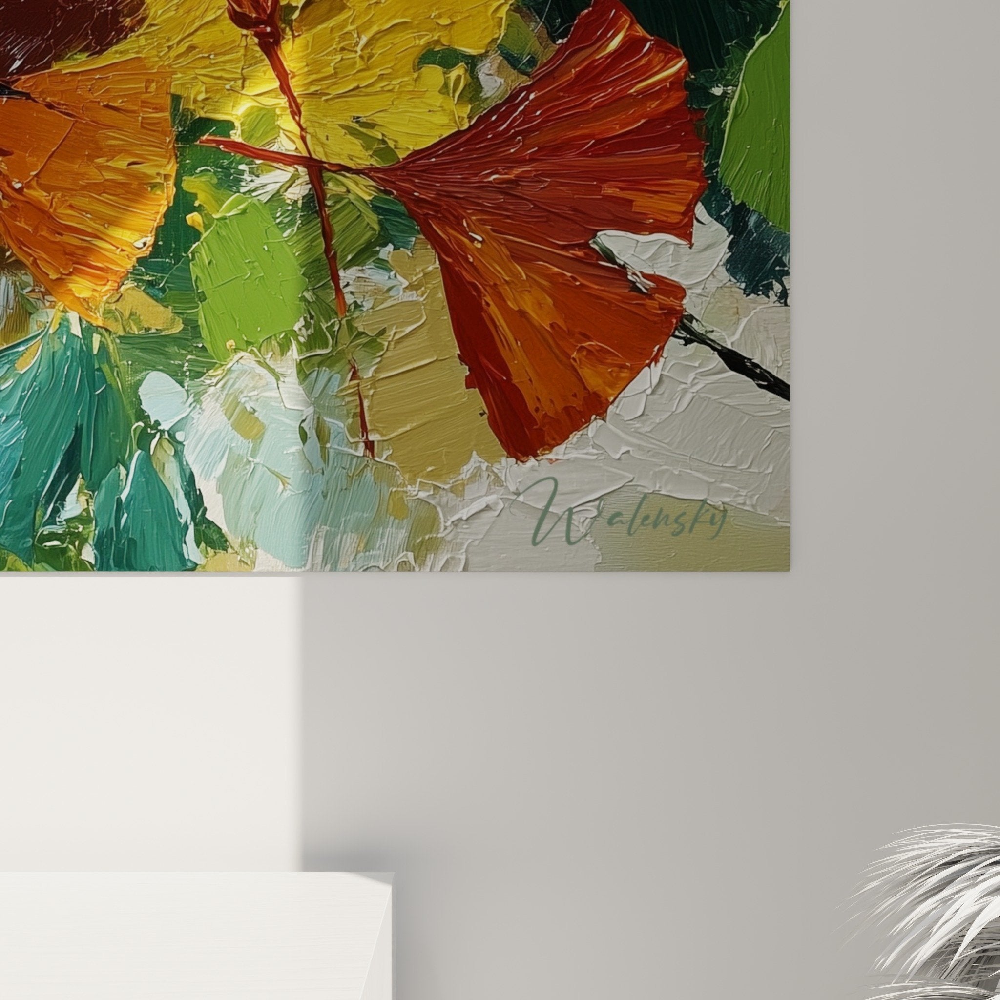Vue ensemble tableau mural Ginkgo feuilles automnales dorées vertes décoration naturelle