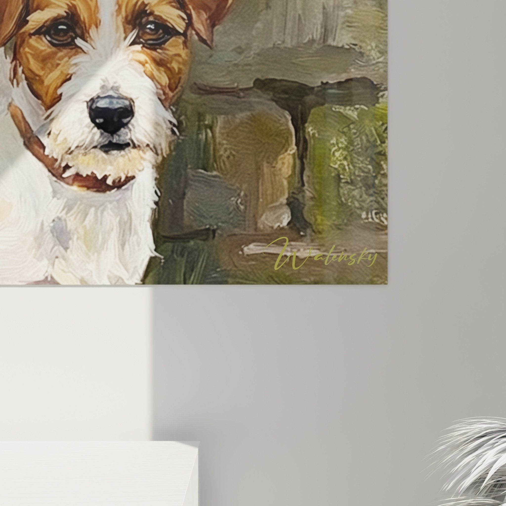 Vue ensemble tableau mural Jack Russel Terrier trio chiens escalier pierre decoration interieur