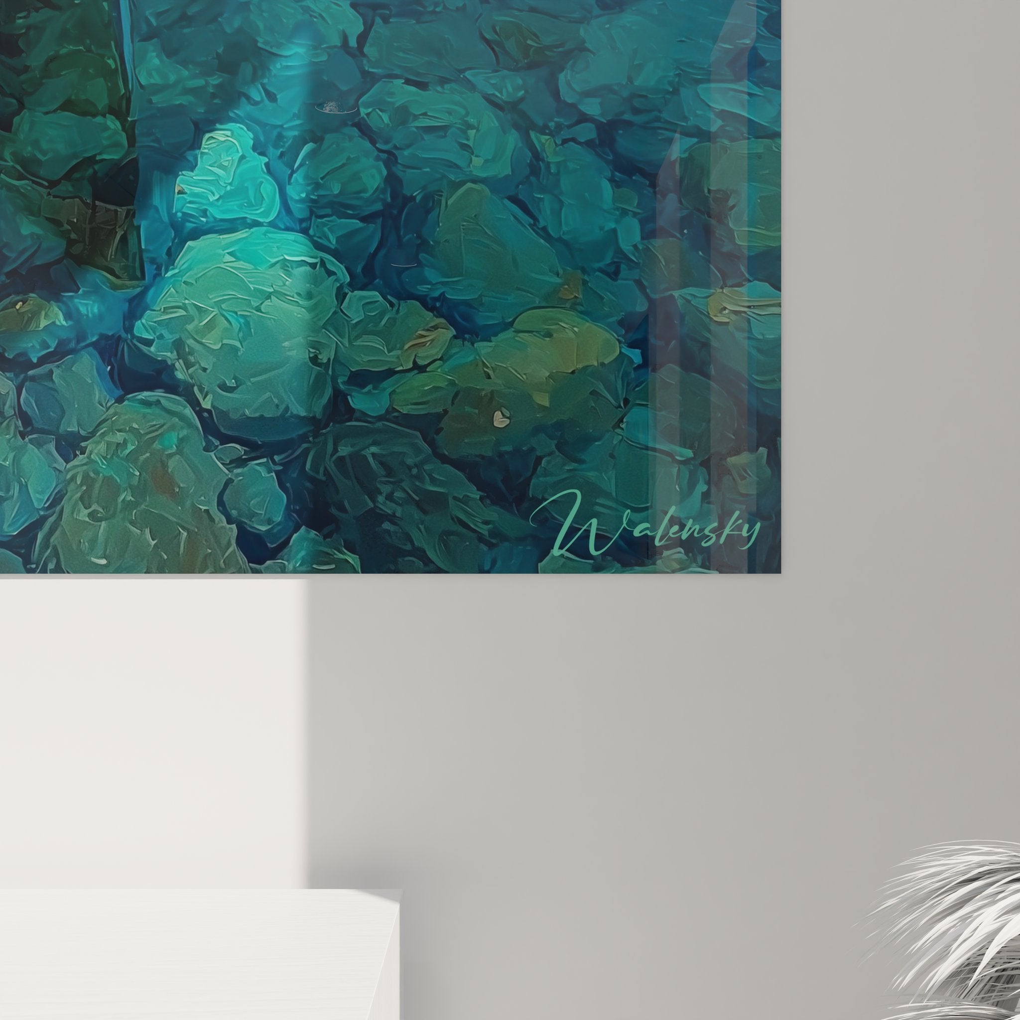 Vue ensemble tableau mural lac alpin barque décoration intérieure nature