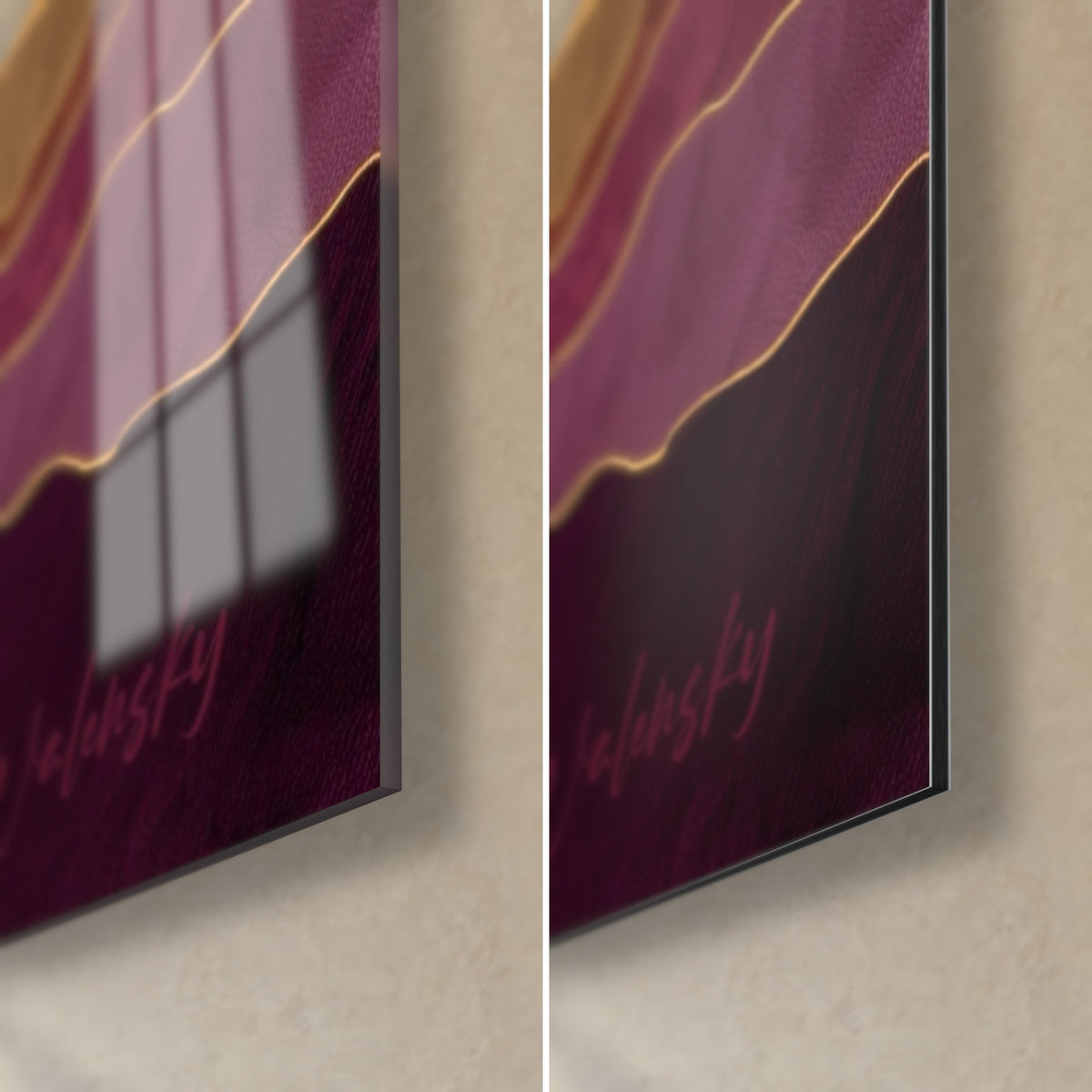Wall art purple and golden mountains, bottom right corner: glossy glass reflecting the window, matte burgundy Dibond, 3 mm edge