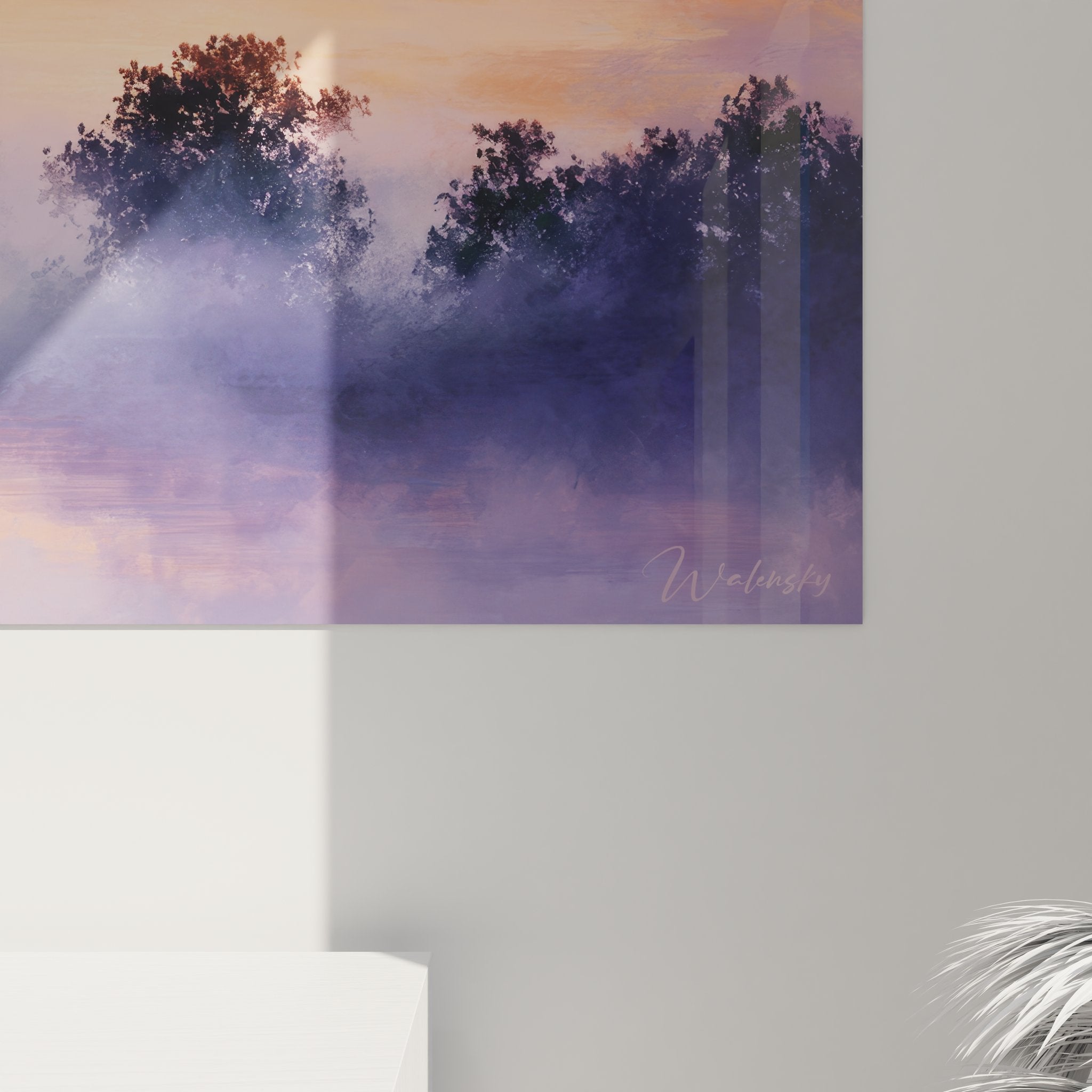 Vue ensemble tableau paysage campagne brumeux coucher soleil décoration murale nature tons pastel ambiance sereine