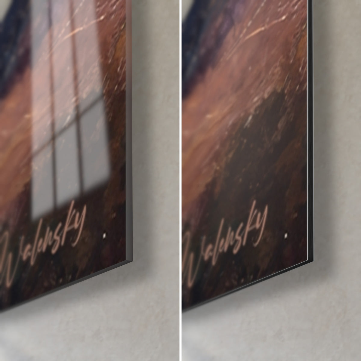 Gemälde Nebelberge, untere rechte Ecke aus glänzendem Glas und mattem Dibond in kupferbraun, Walensky-Signatur, 3 mm Kante