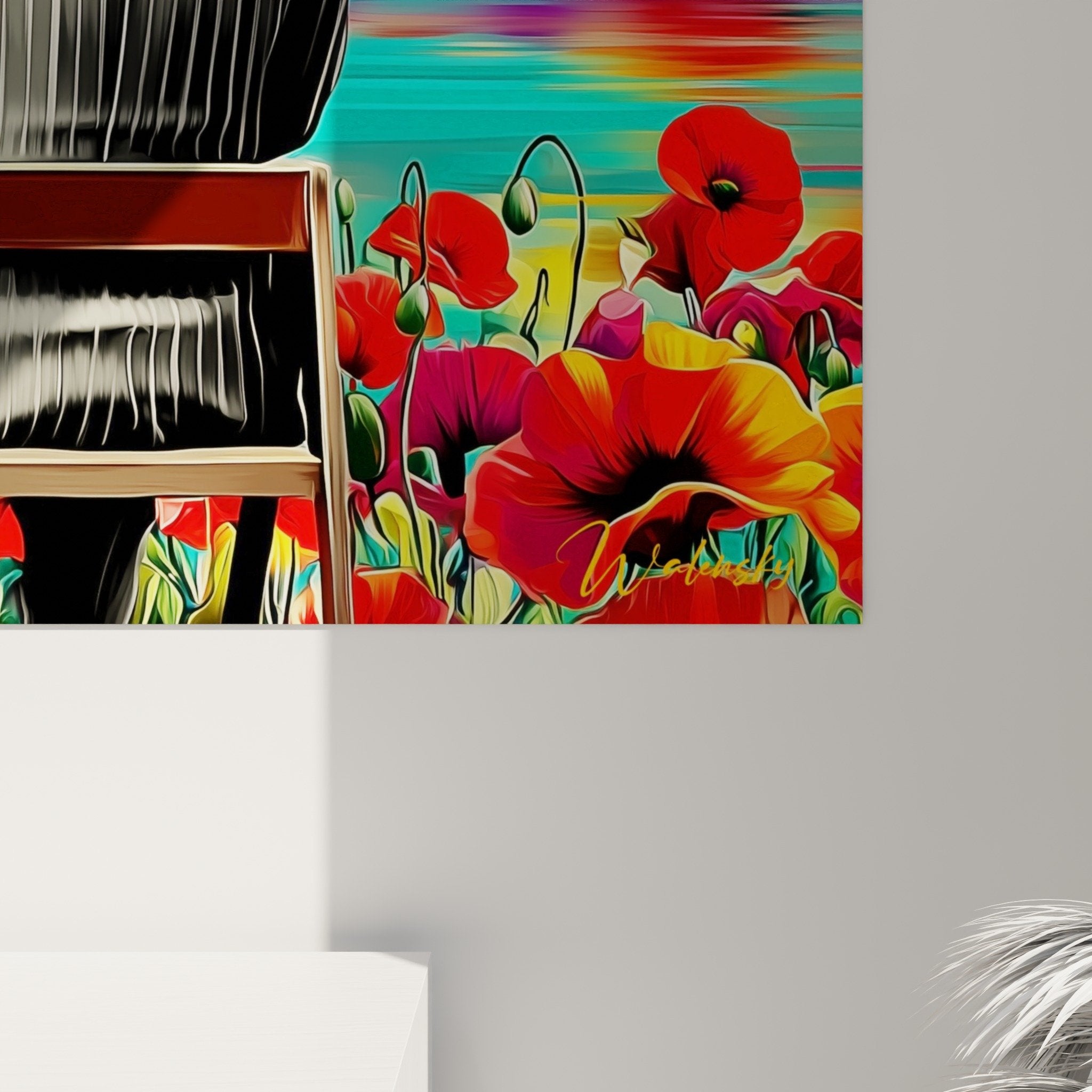 Overall view of wall painting artist hat turquoise red yellow landscape modern interior decoration