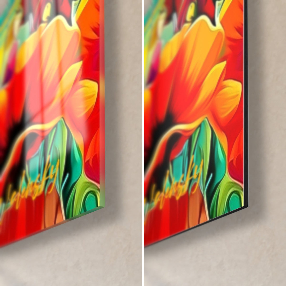 Quadro pittore di spalle, petali di papavero arancioni e rossi, angolo in basso a destra, vetro acrilico lucido e alluminio Dibond opaco, spessore 3 mm