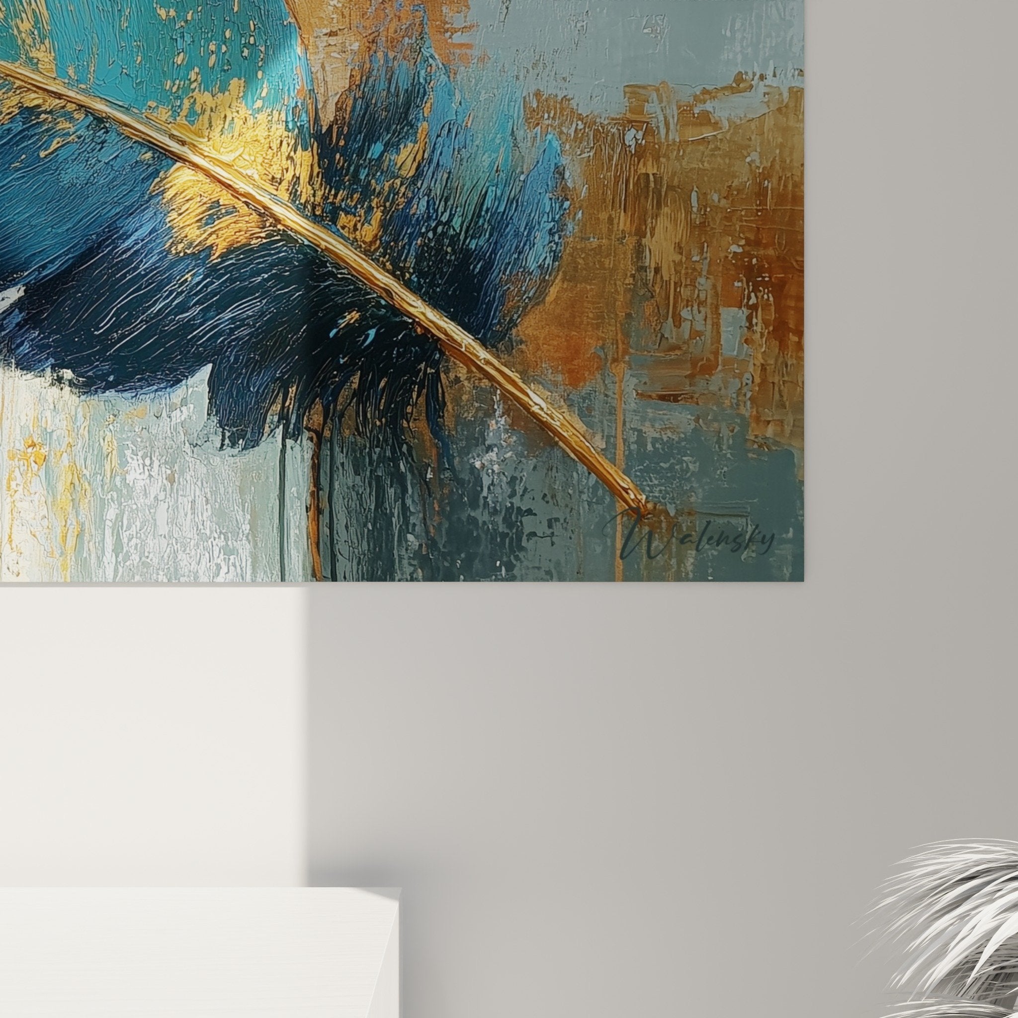 Overall view of decorative feather wall art horizontal painting - modern and sophisticated style
