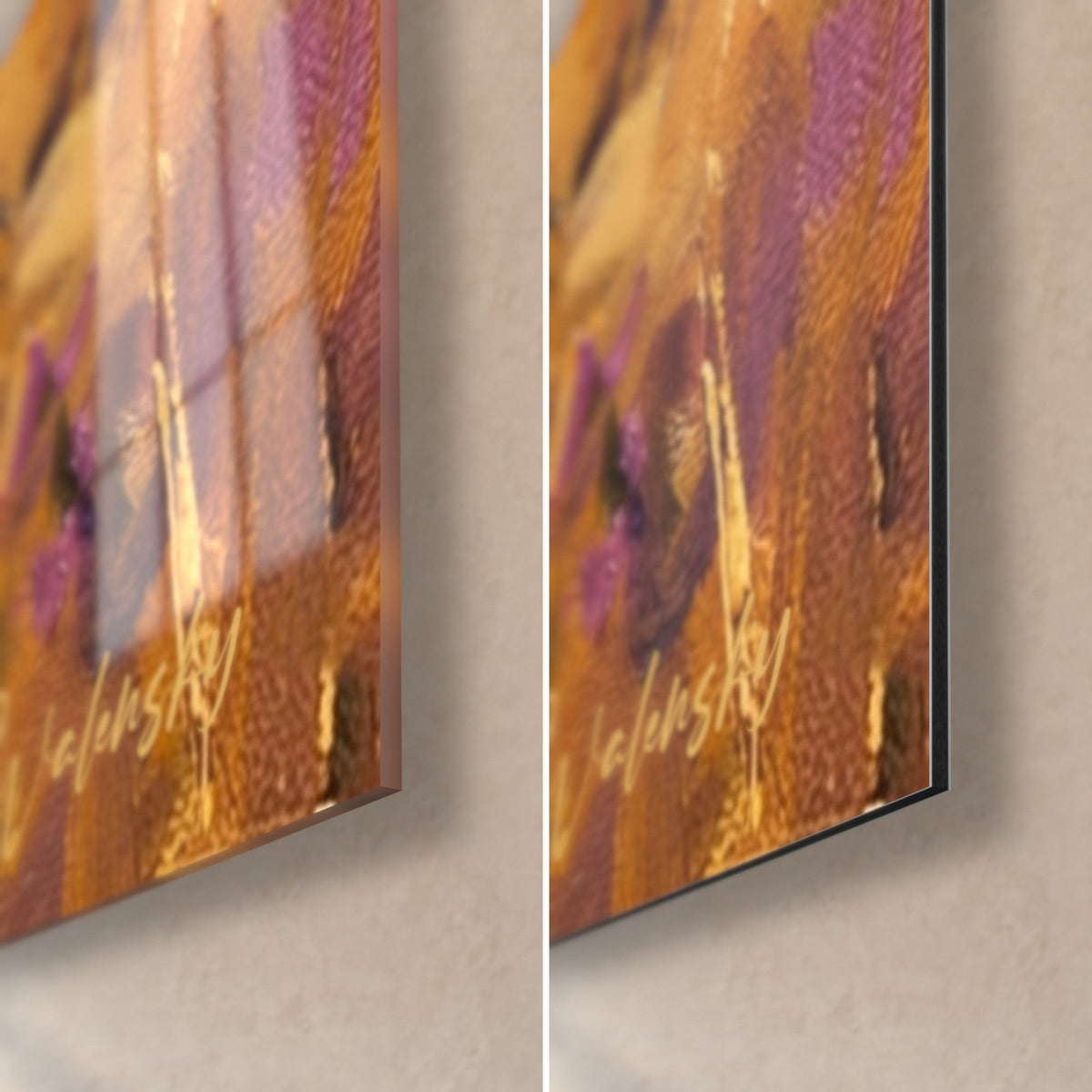 Wall art of hunting dogs with raised forepaws, bottom right corner: gold signature on violet, black edge of matte Dibond and glossy glass