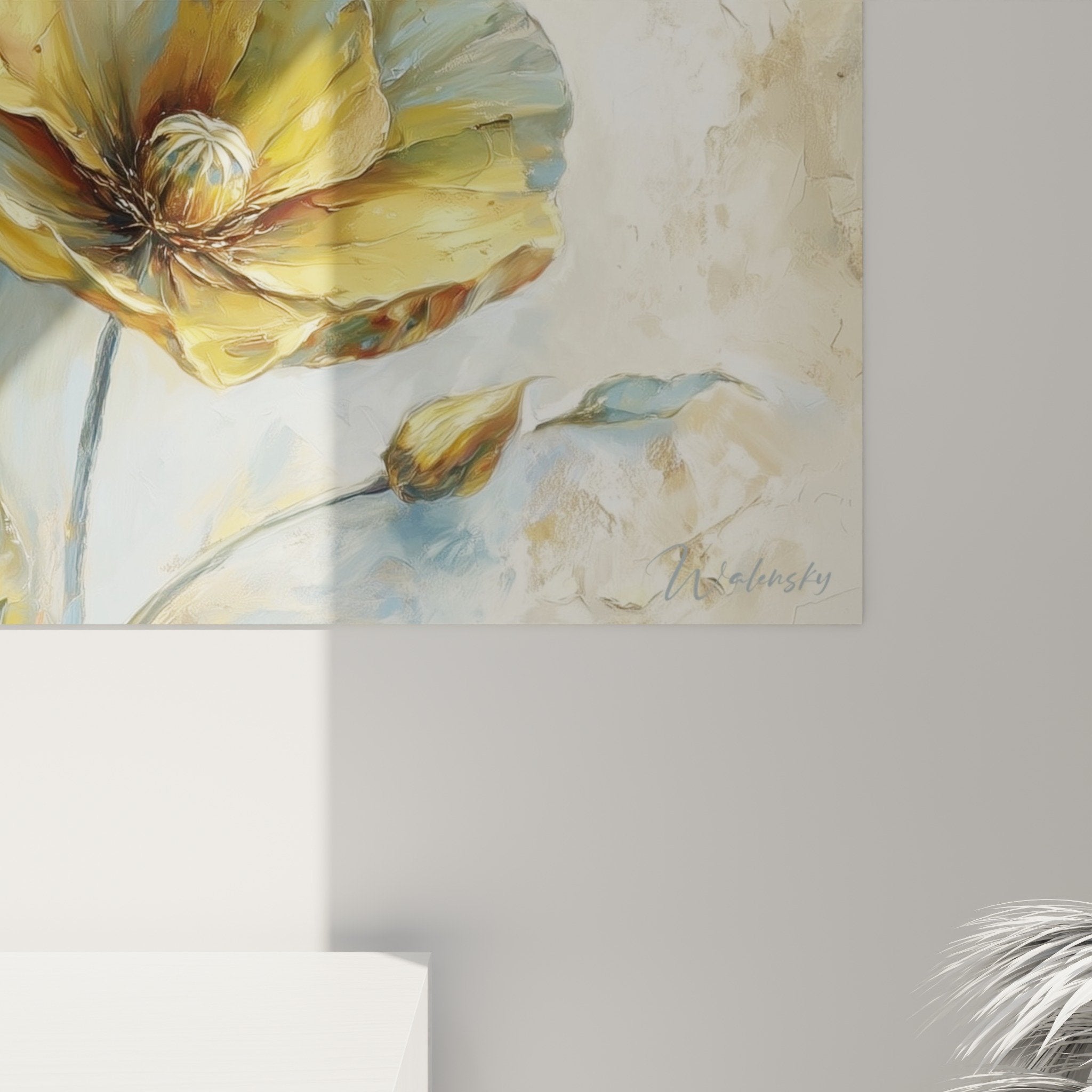 Full view of feminine portrait wall art with golden flower modern interior decoration