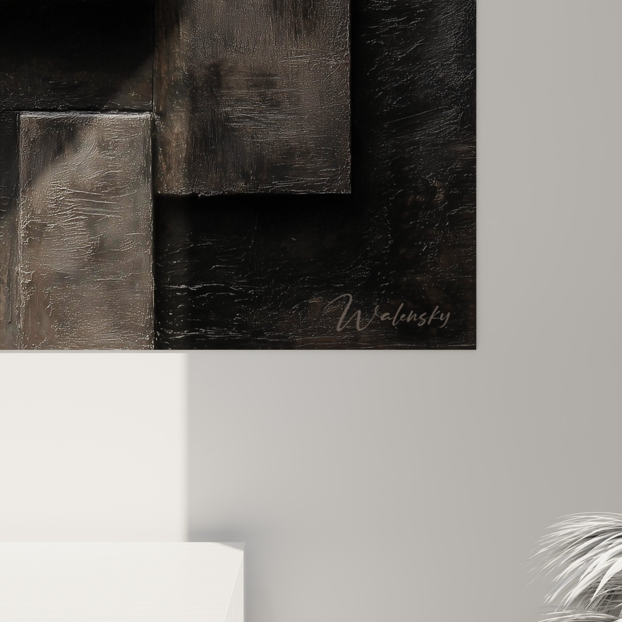 Vue ensemble tableau mural relief geometrique gris noir composition abstraite volumes feng shui nord ouest metal