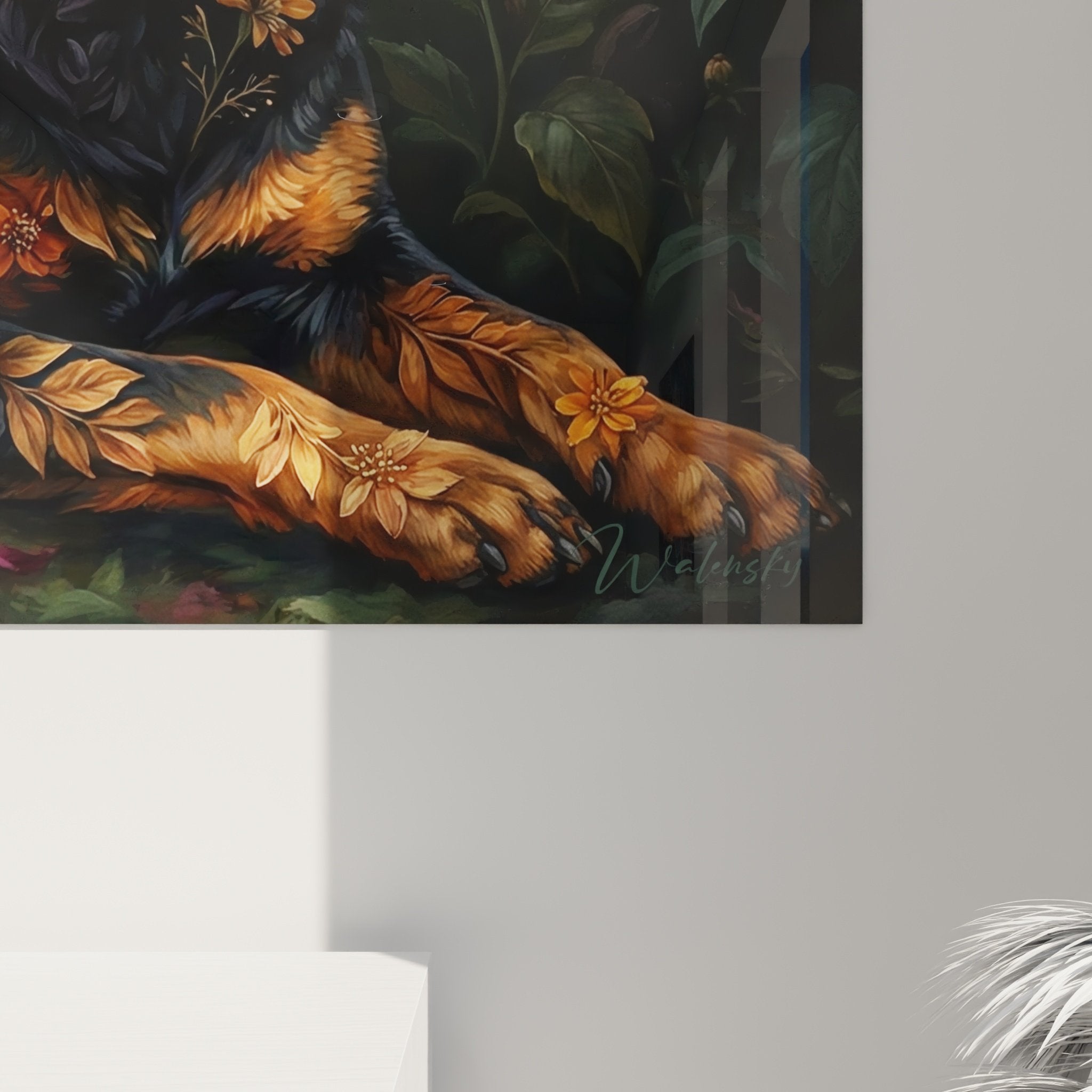 Rottweiler floral wall art overview, artistic composition with roses and dahlias, interior decoration
