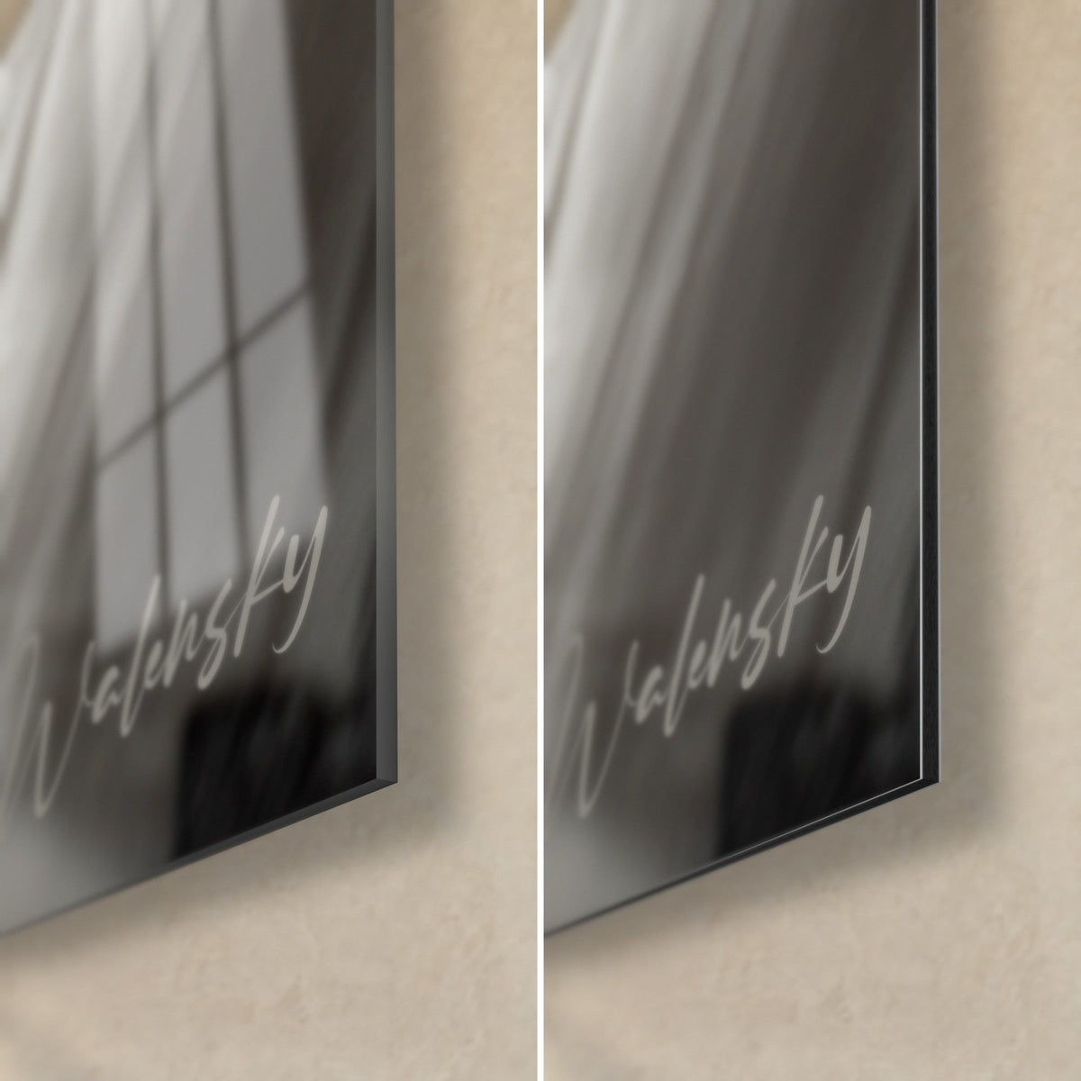 Tableau Shar Pei, gros plan du coin bas droit : verre acrylique brillant et reflets, Dibond noir mat, tranche de 3 mm