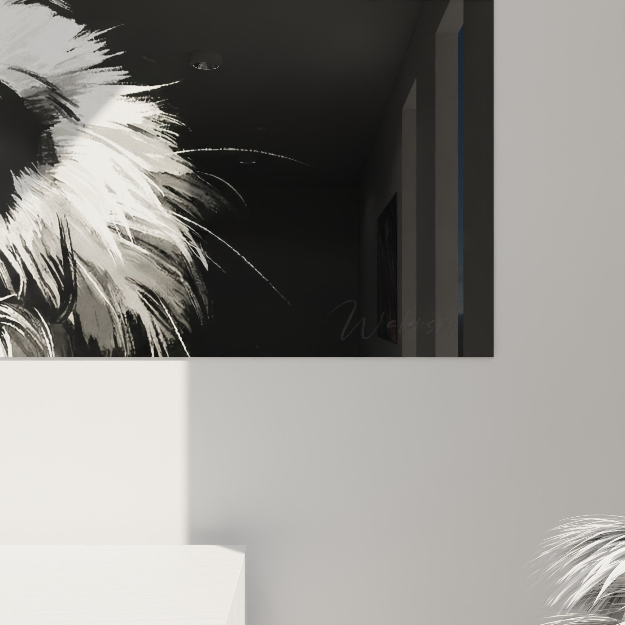 Vista d'insieme quadro murale ritratto Shih Tzu bianco nero occhi dorati decorazione interni moderni