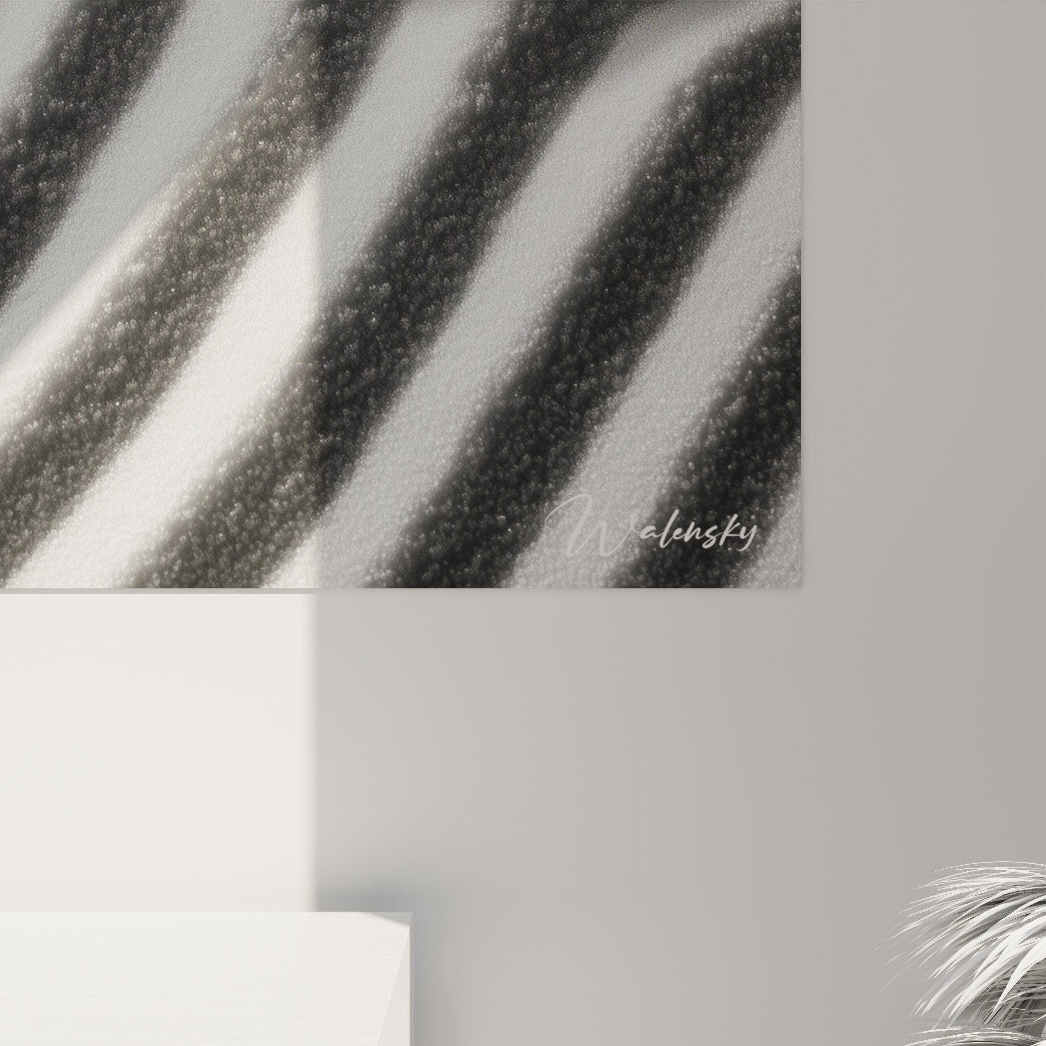 Vue ensemble tableau mural zen galet sable composition minimaliste noir blanc décoration intérieure sable