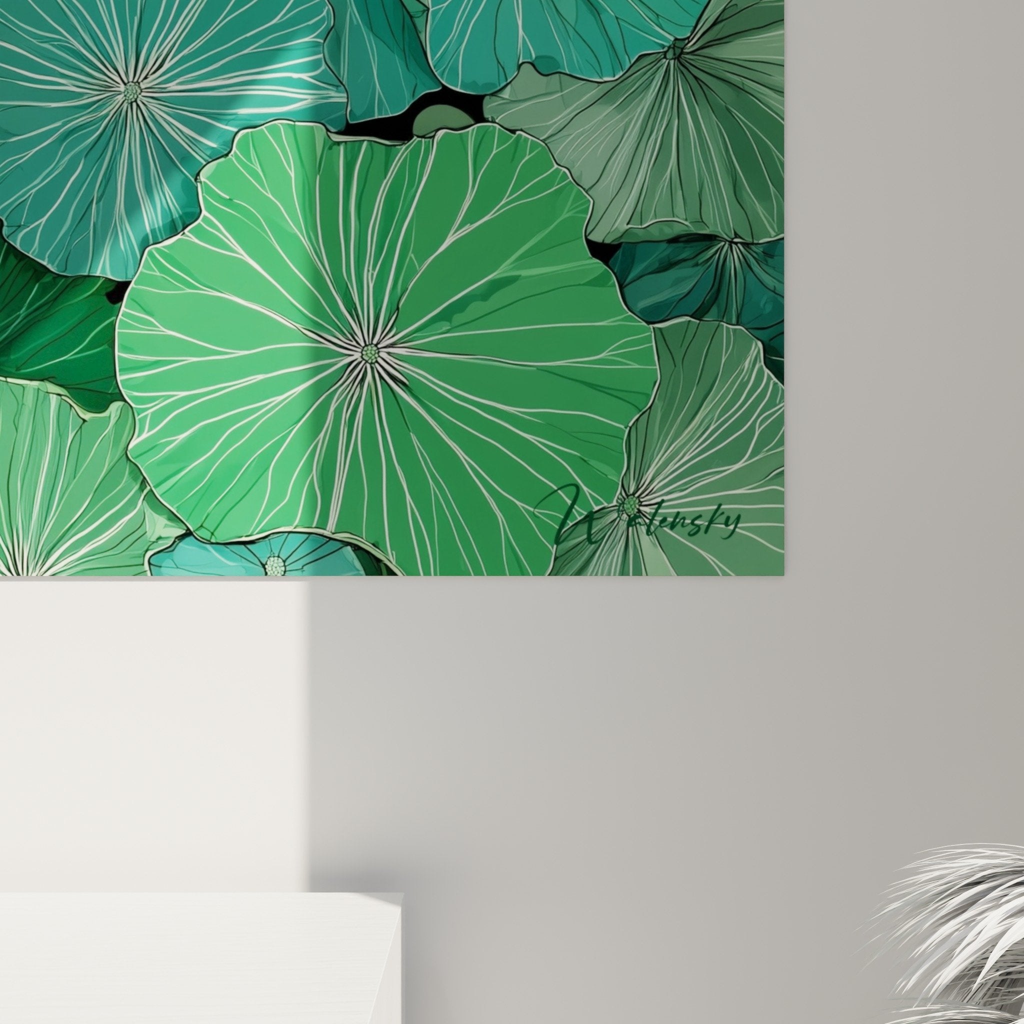 Vue ensemble tableau nenuphar feuillage aquatique tons verts composition decorative murale nature