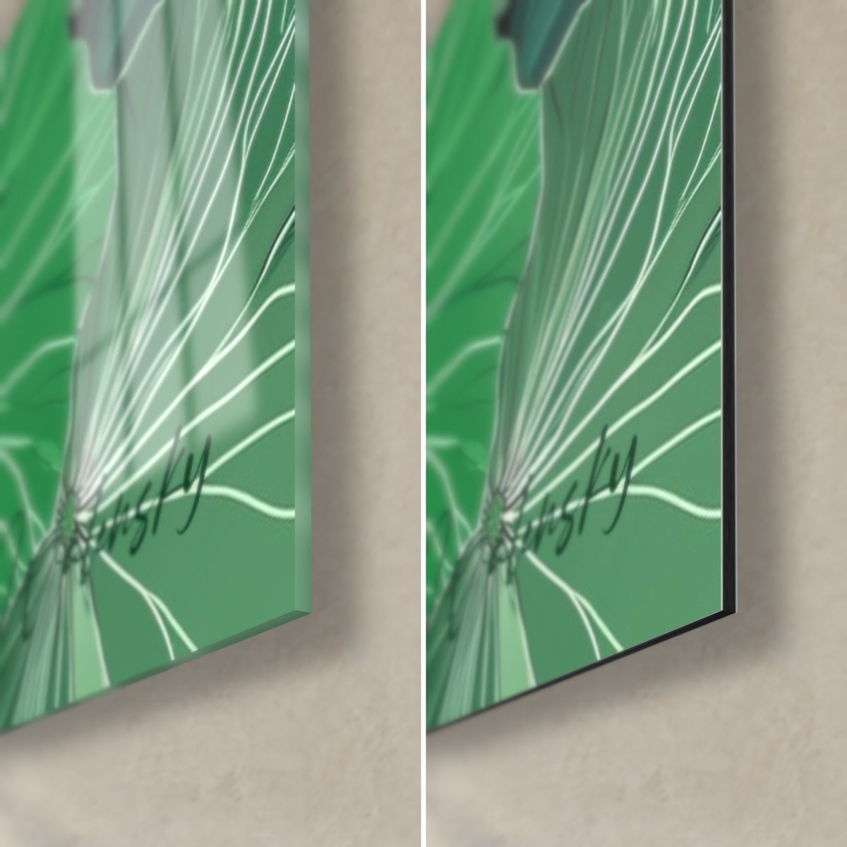 Wall art mosaic of leaf blades in mint green and forest green, bottom right corner: glossy acrylic glass on the left, matte black Dibond on the right