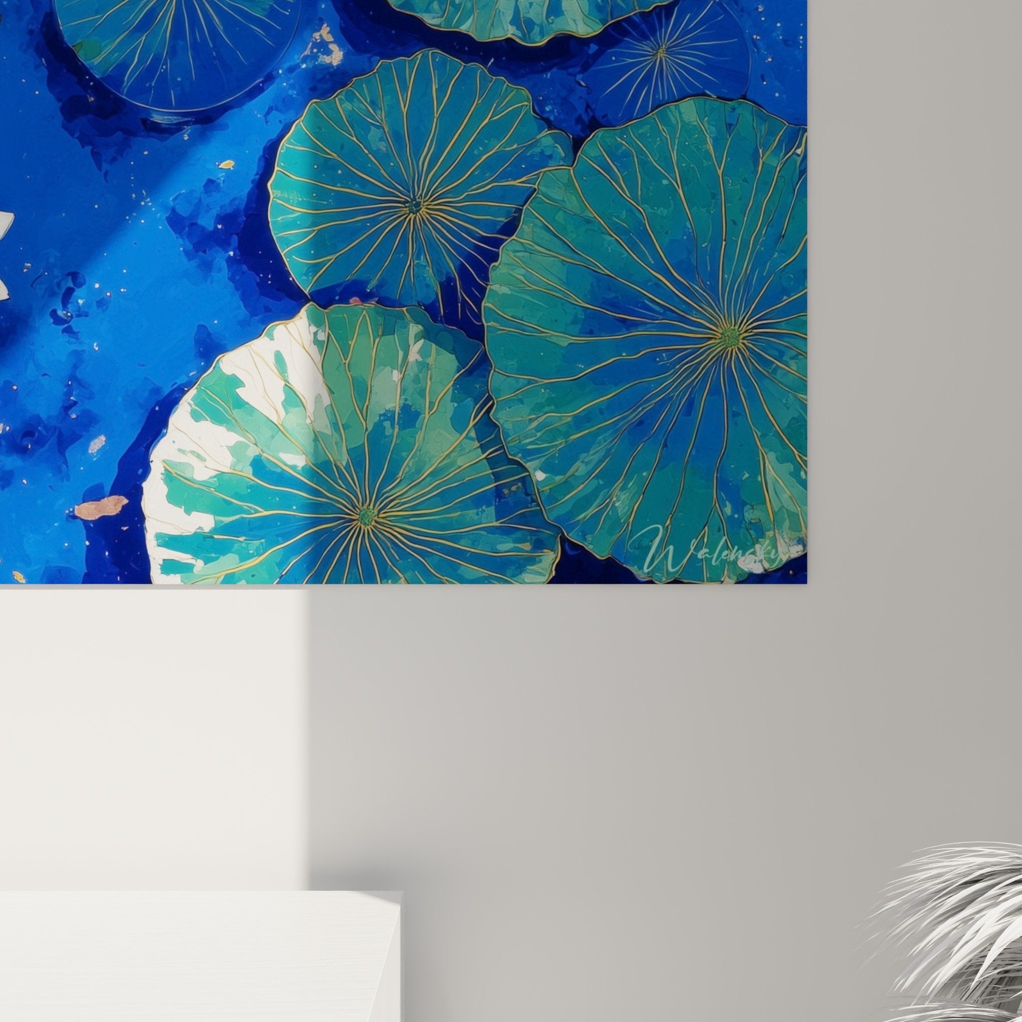 Vue ensemble tableau nénuphares lotus bleu turquoise décoration intérieure art mural aquatique zen