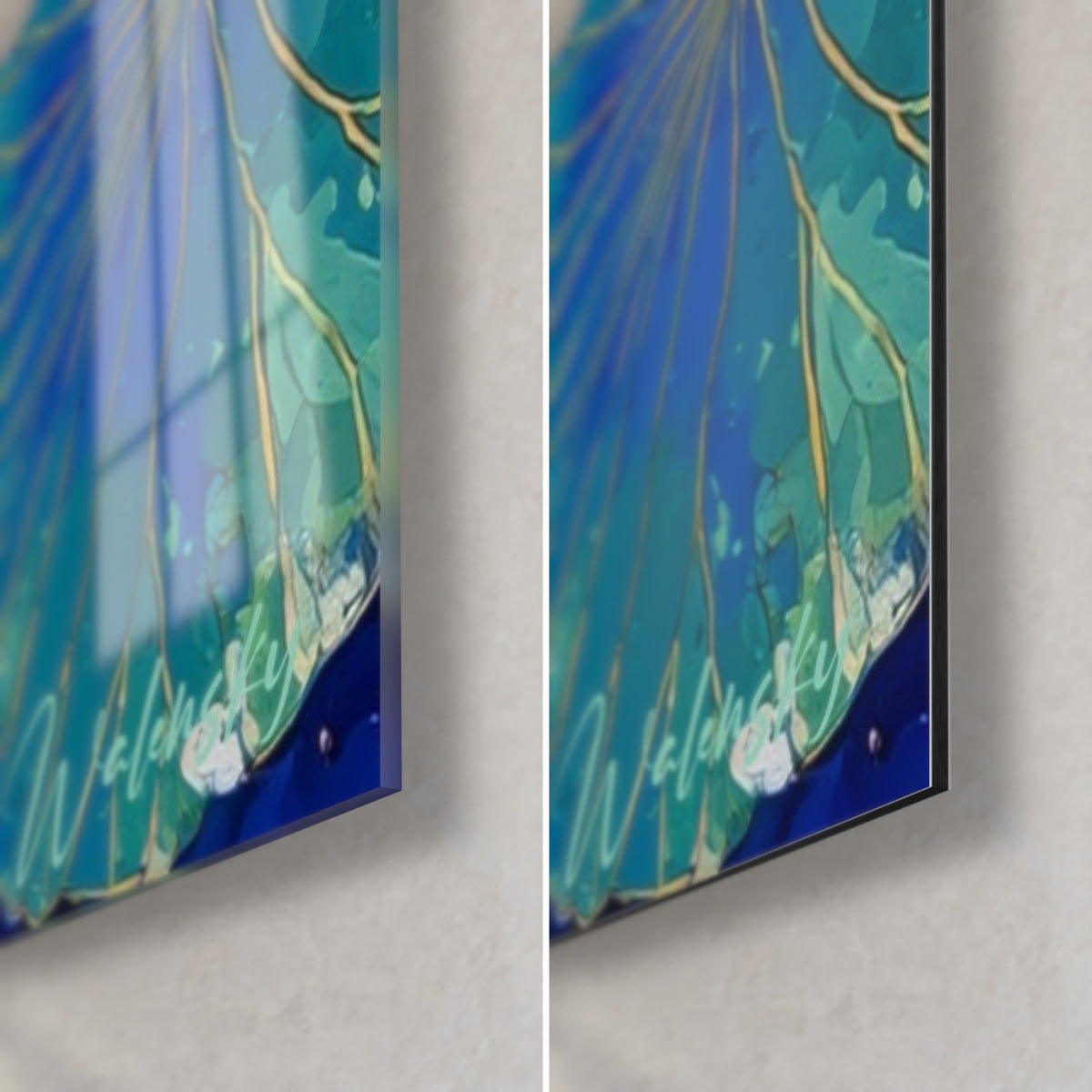 Gemälde Türkisfarbene und kobaltblaue Lotusblätter, untere rechte Ecke: glänzendes Acrylglas links, matte Dibond-Aluminium rechts