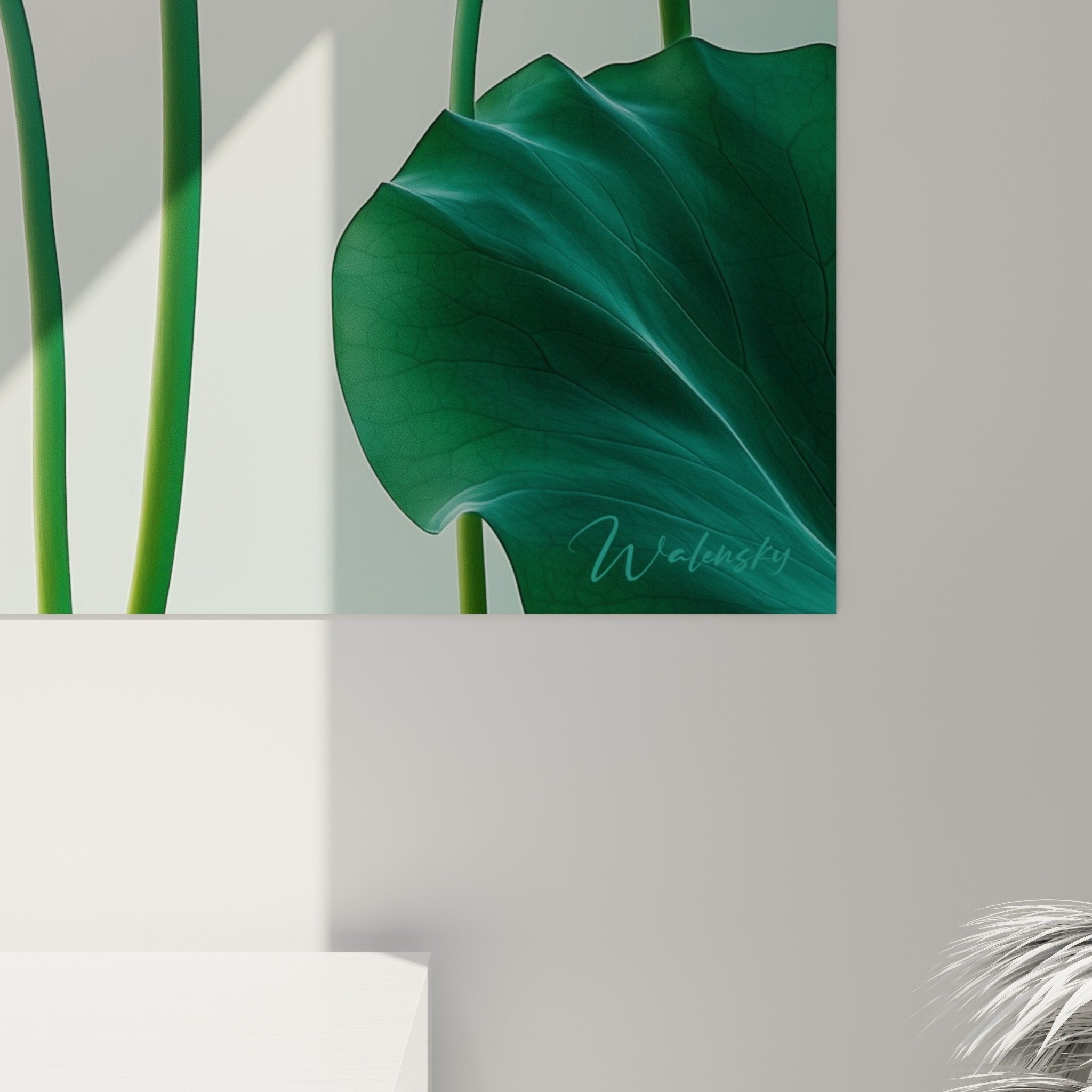 vue ensemble tableau nenuphar feuillage diaphane vert composition vegetale minimaliste decoration naturelle
