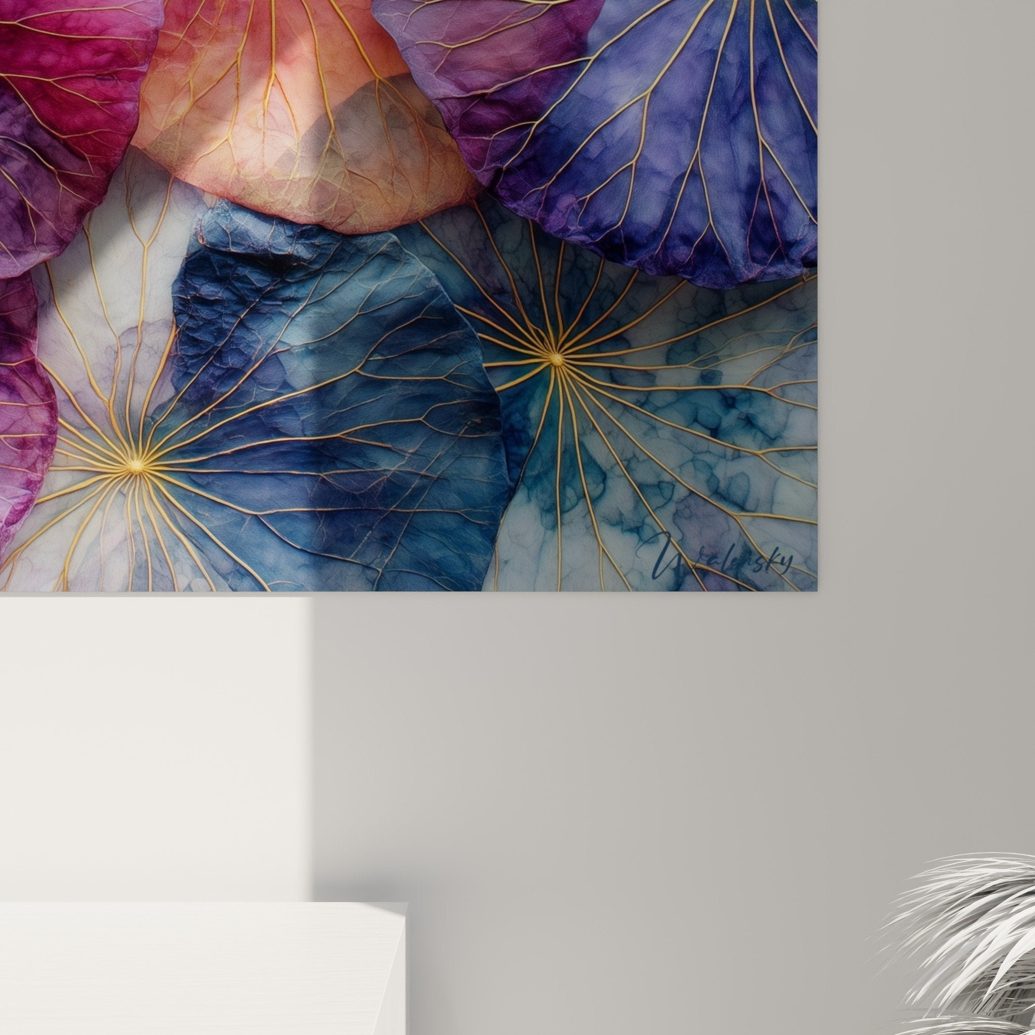 Water lily painting with multicolored lotus leaves modern zen interior decoration overview