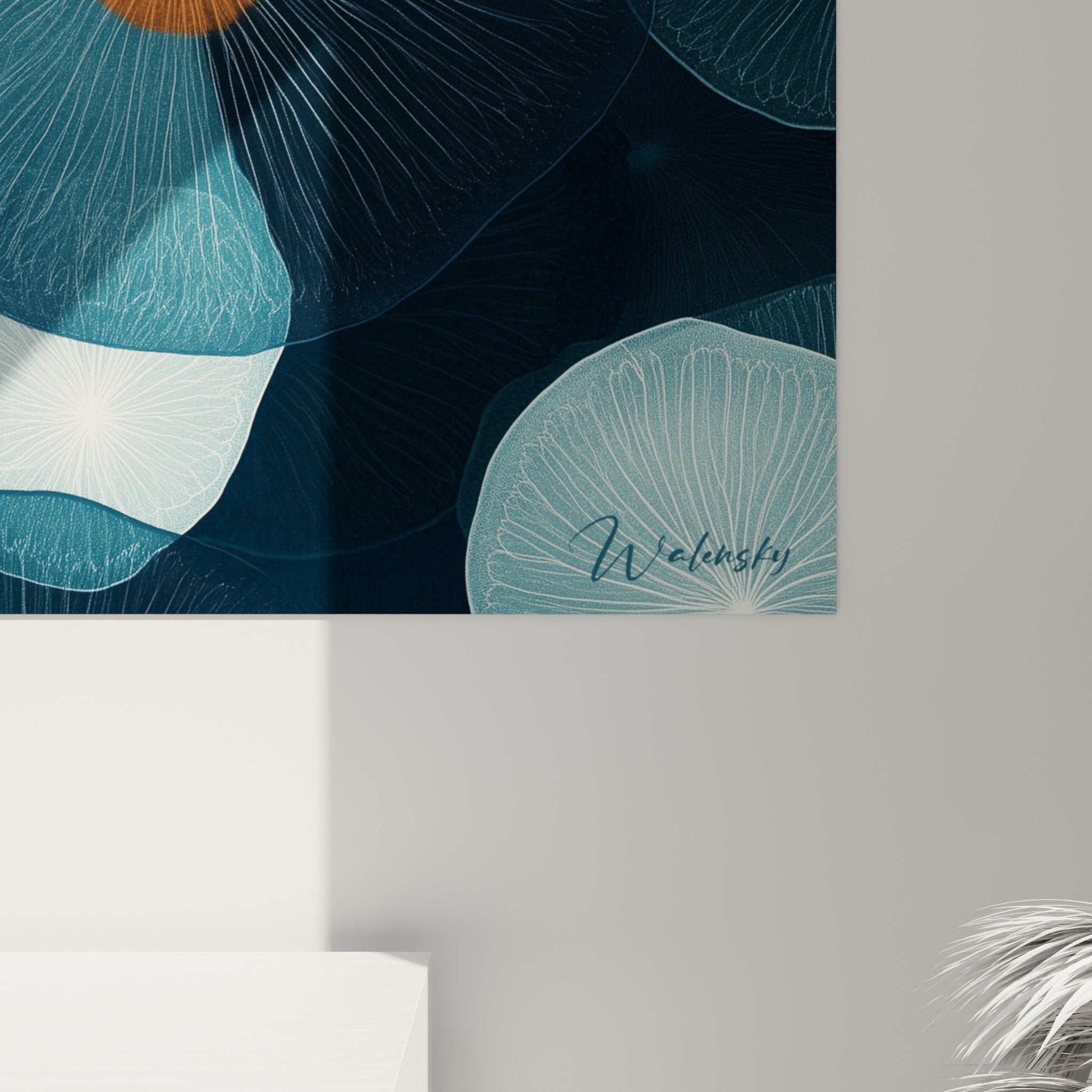 Perspective view modern water lilies artwork blue turquoise orange elegant wall decoration