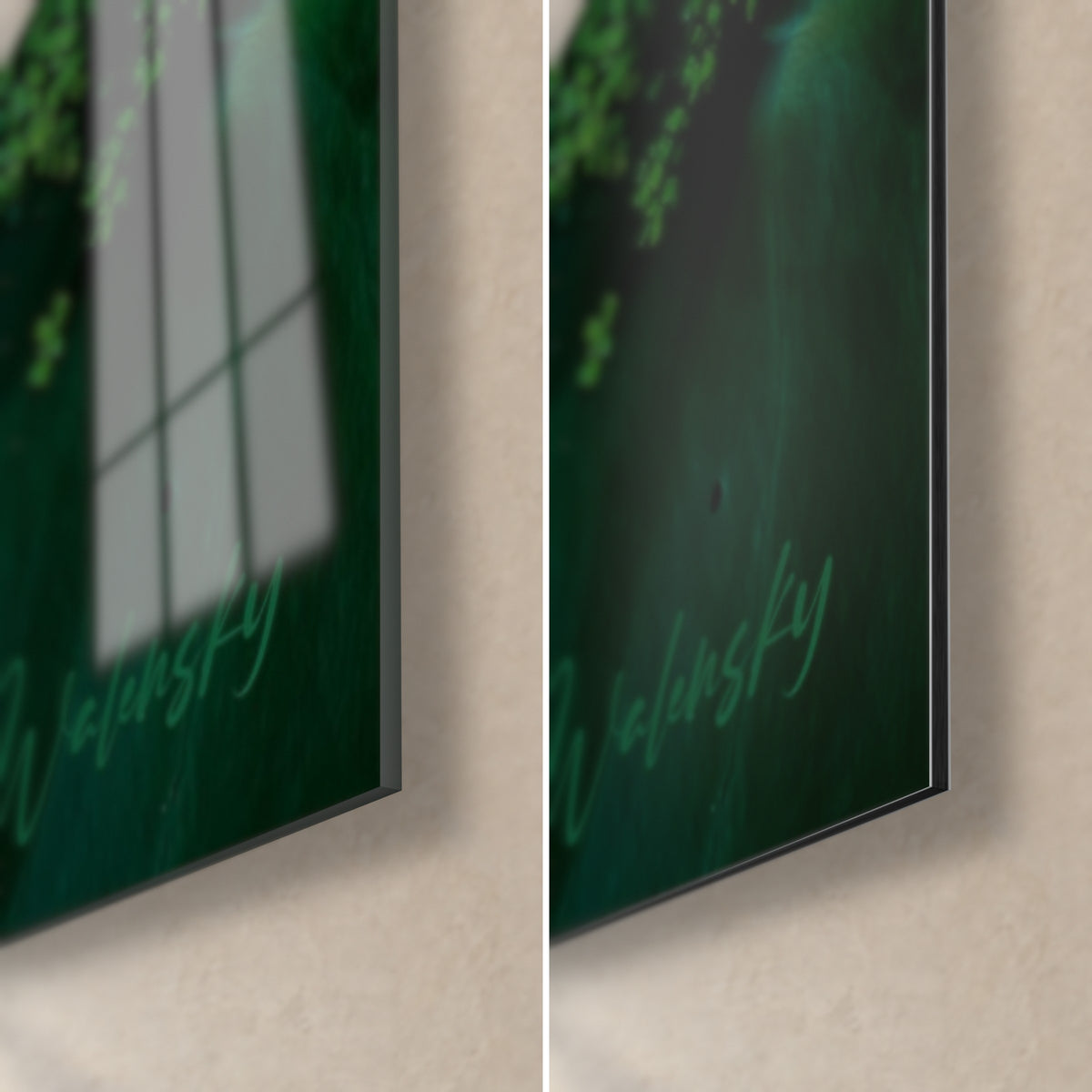 Quadro di fiore d'acqua rosa, angolo in basso a destra: vetro acrilico lucido e alluminio Dibond nero opaco, spessore 3 mm, foglia verde smeraldo