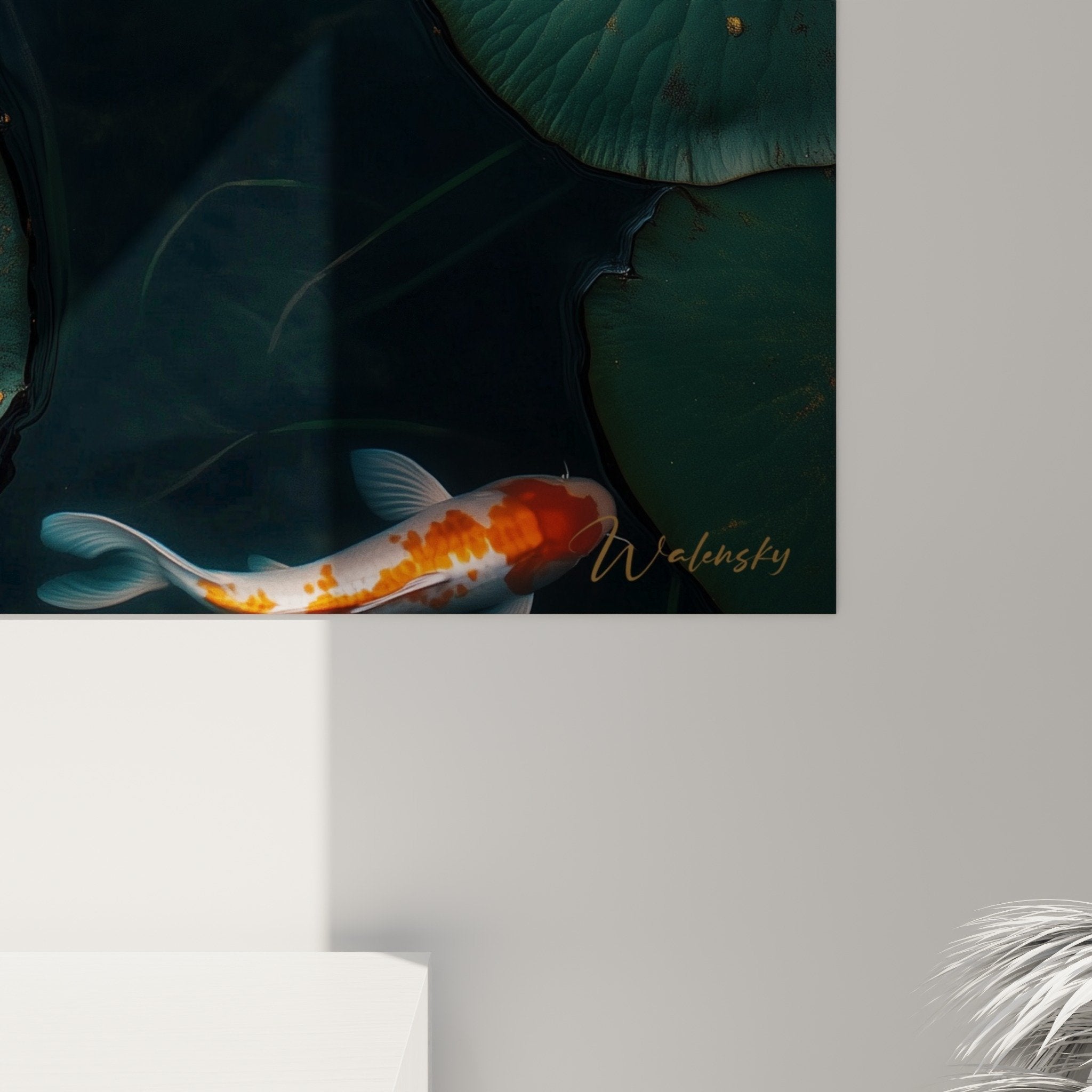 Vue ensemble tableau nenuphare fleur blanche etang fonce carpes orange decoration murale zen
