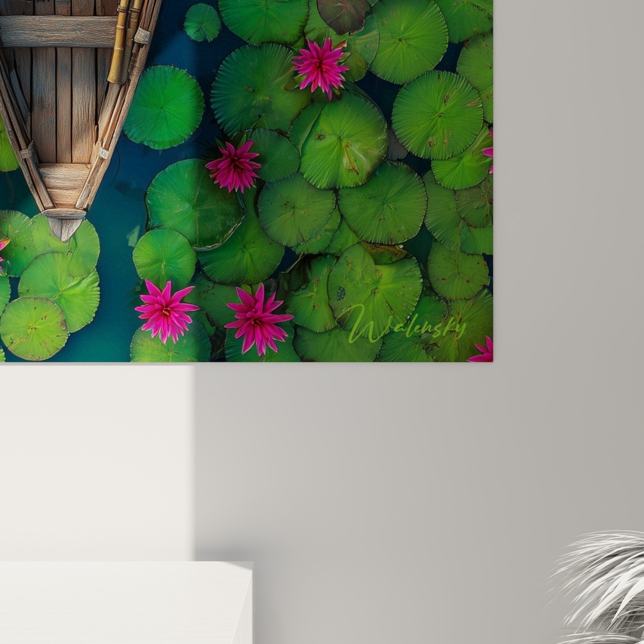 Vue ensemble tableau nenuphars roses barque bois decoration interieur style naturel et contemplatif