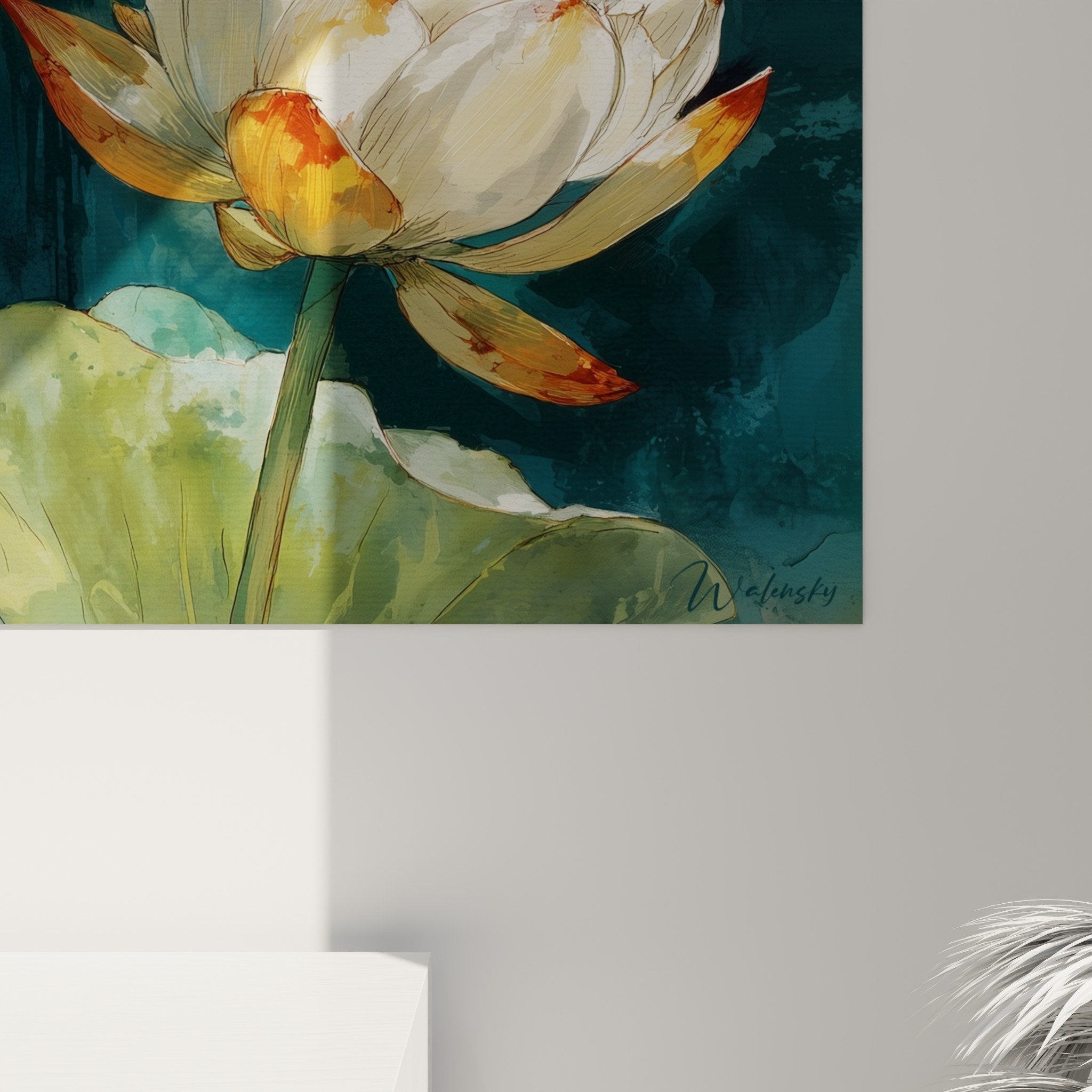 Vue ensemble tableau nénuphars blancs turquoise décoration intérieur contemporain zen