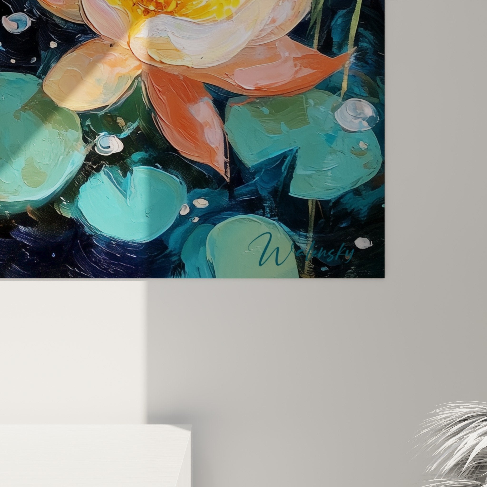 Vue ensemble tableau nénuphars multicolores eau bleue composition florale décorative art mural