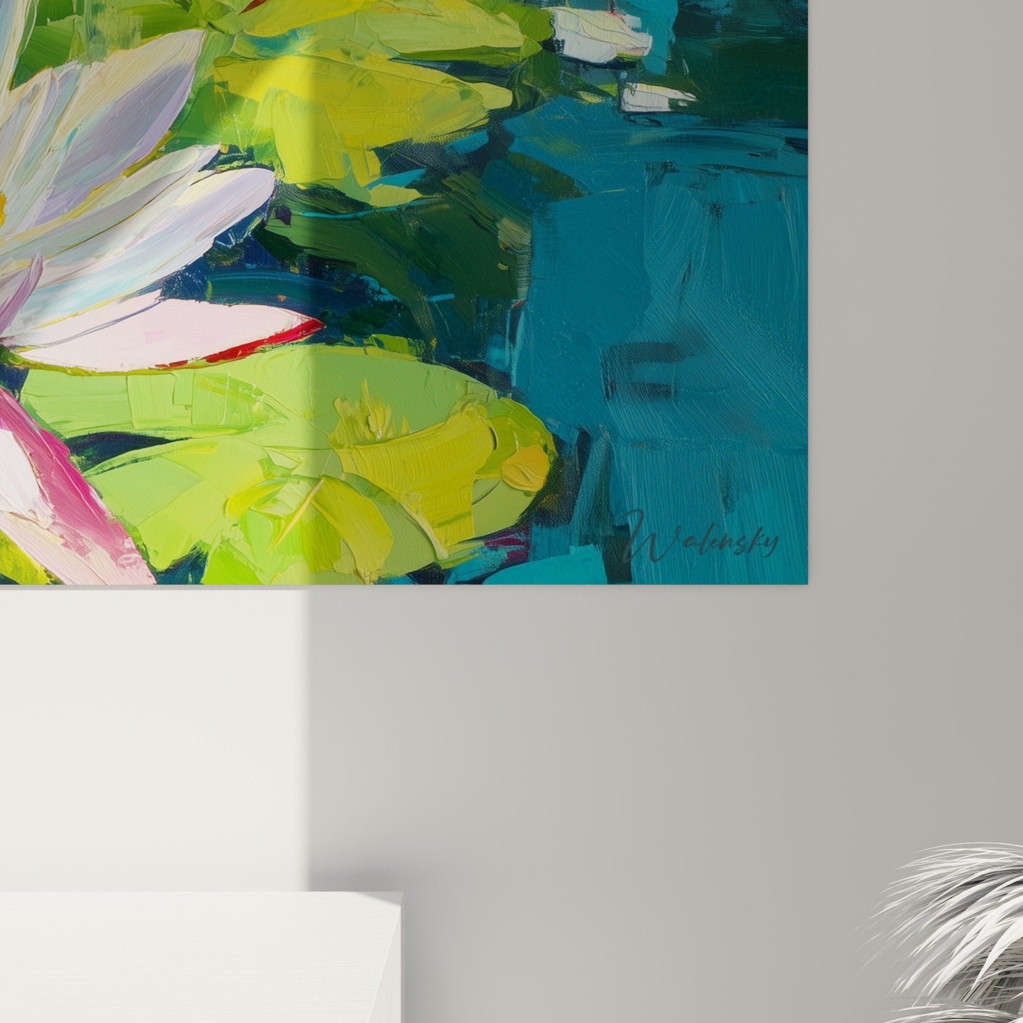 Vue ensemble tableau nénuphars eau turquoise feuilles vertes composition florale impressionniste moderne