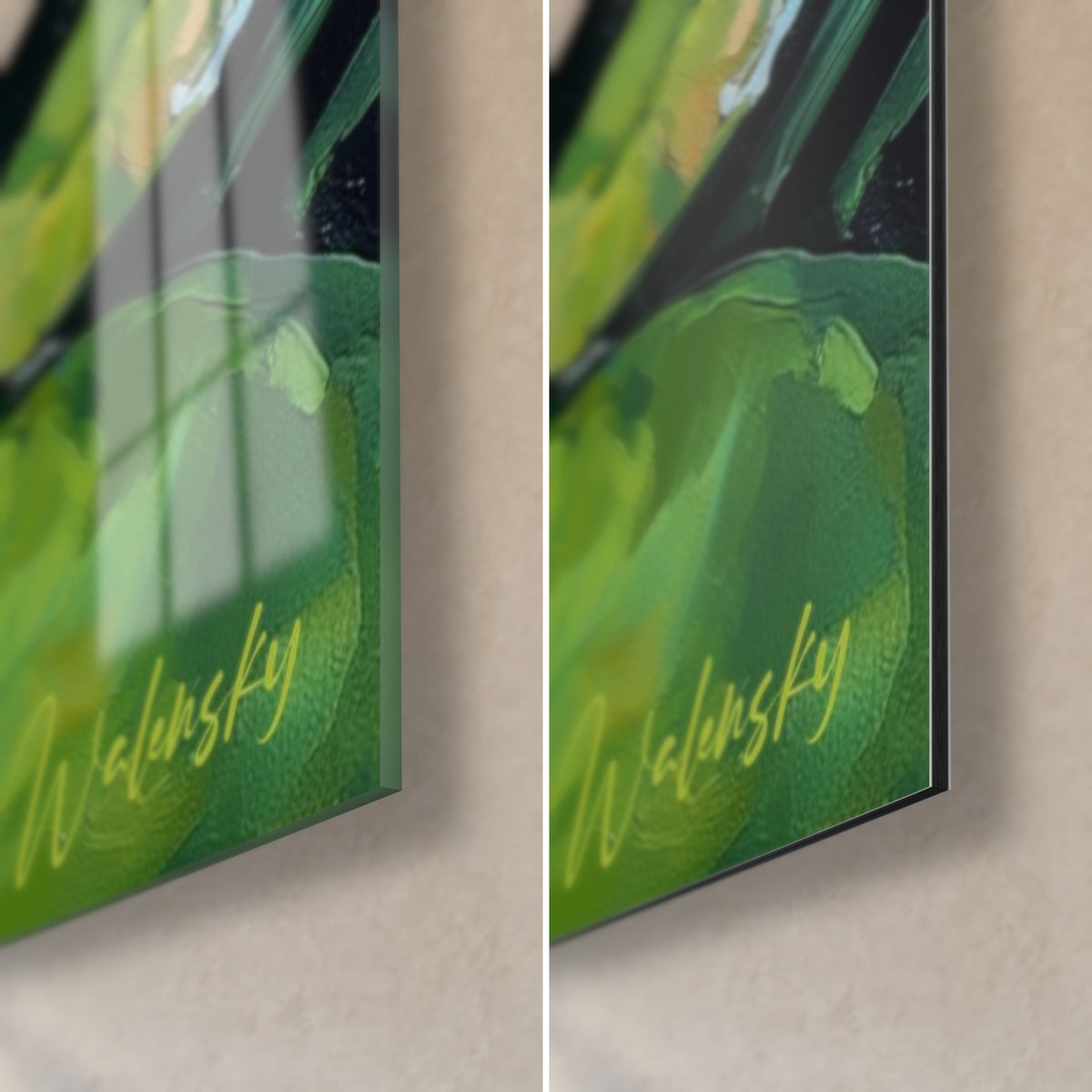 Gemälde Seerosen in pastoser Malweise, unten rechts grün signiert Walensky, glänzendes Acrylglas und mattes Dibond