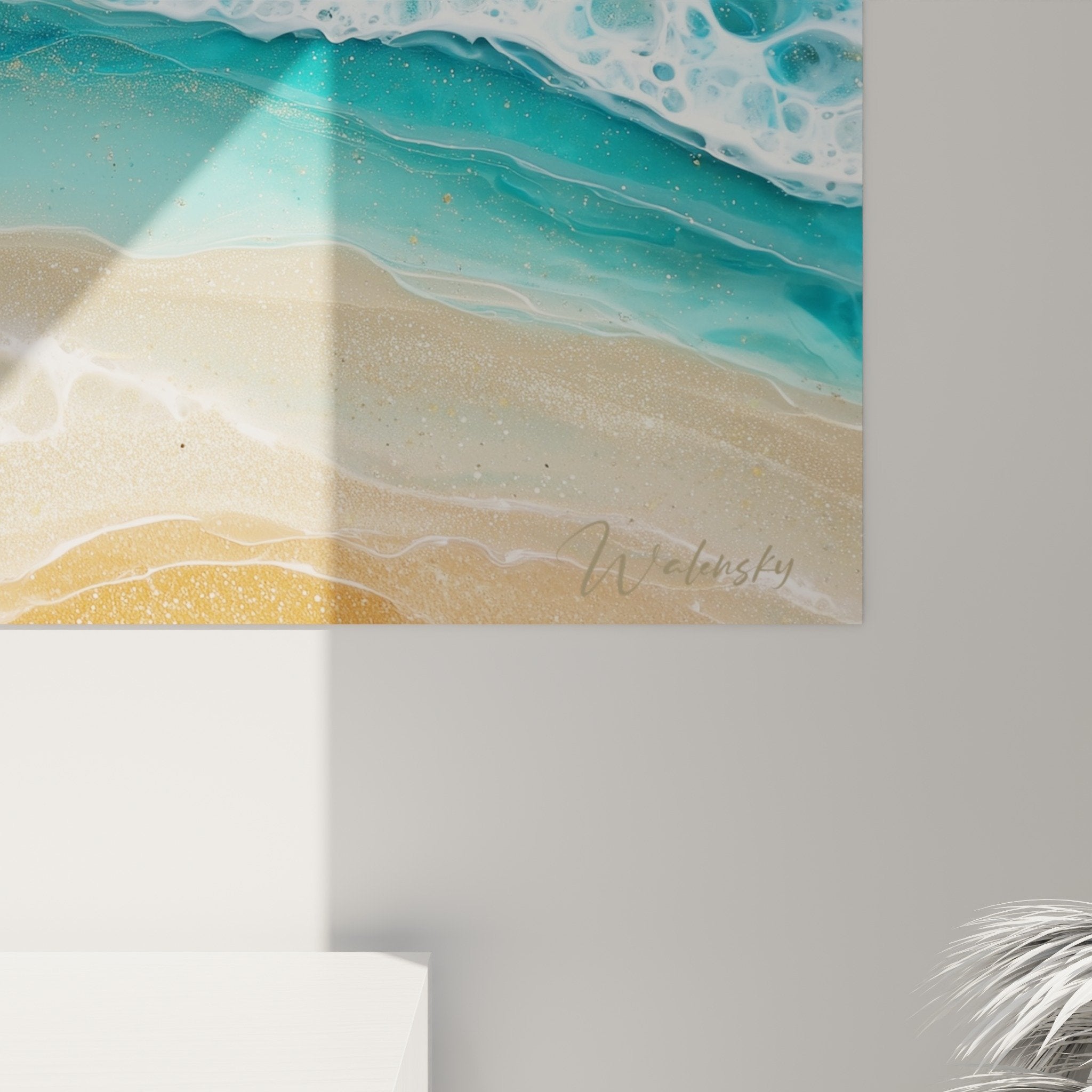 ocean waves turquoise sand golden wall art hanging mural decoration feng shui
