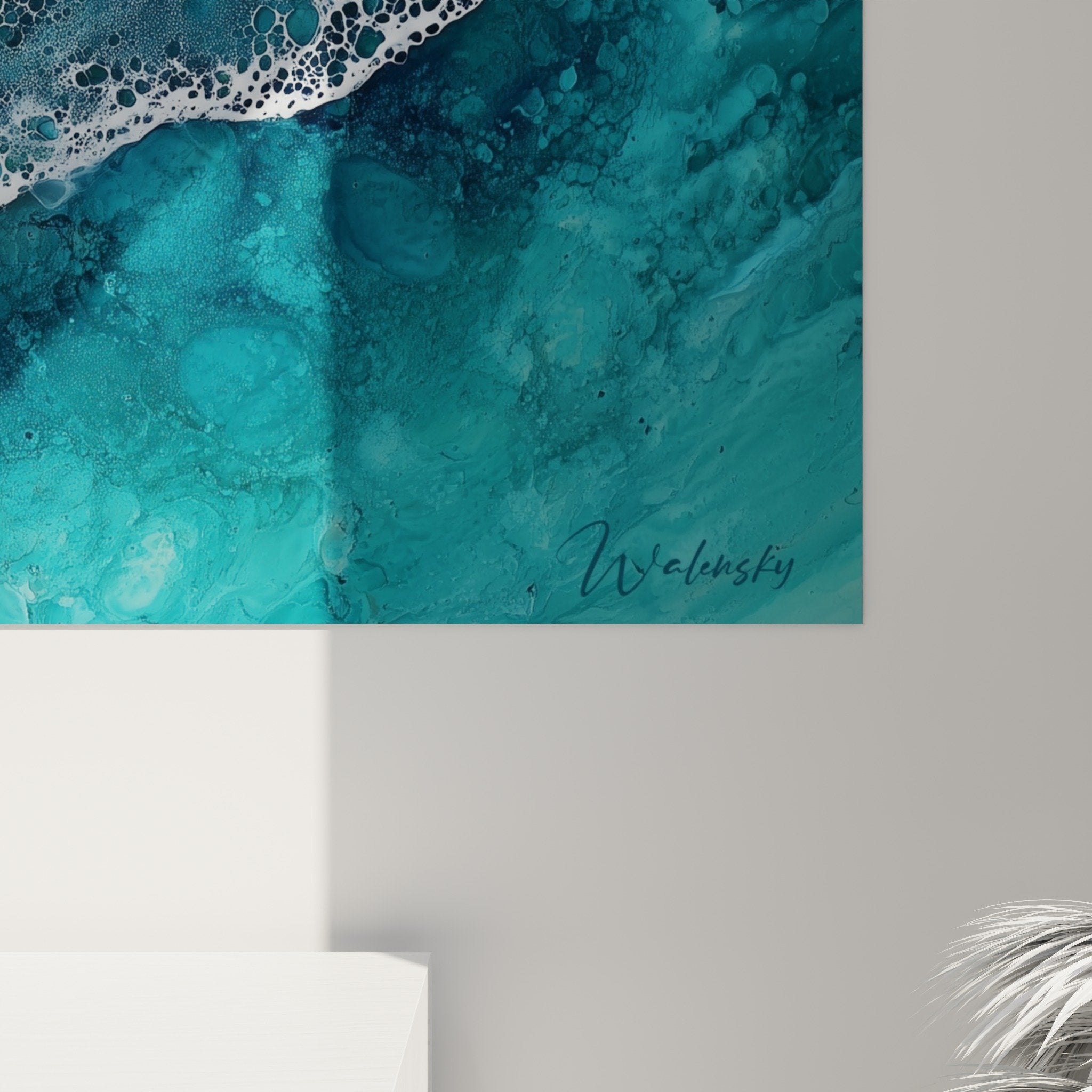Overall view turquoise ocean canvas golden beach wall decor feng shui north water living room