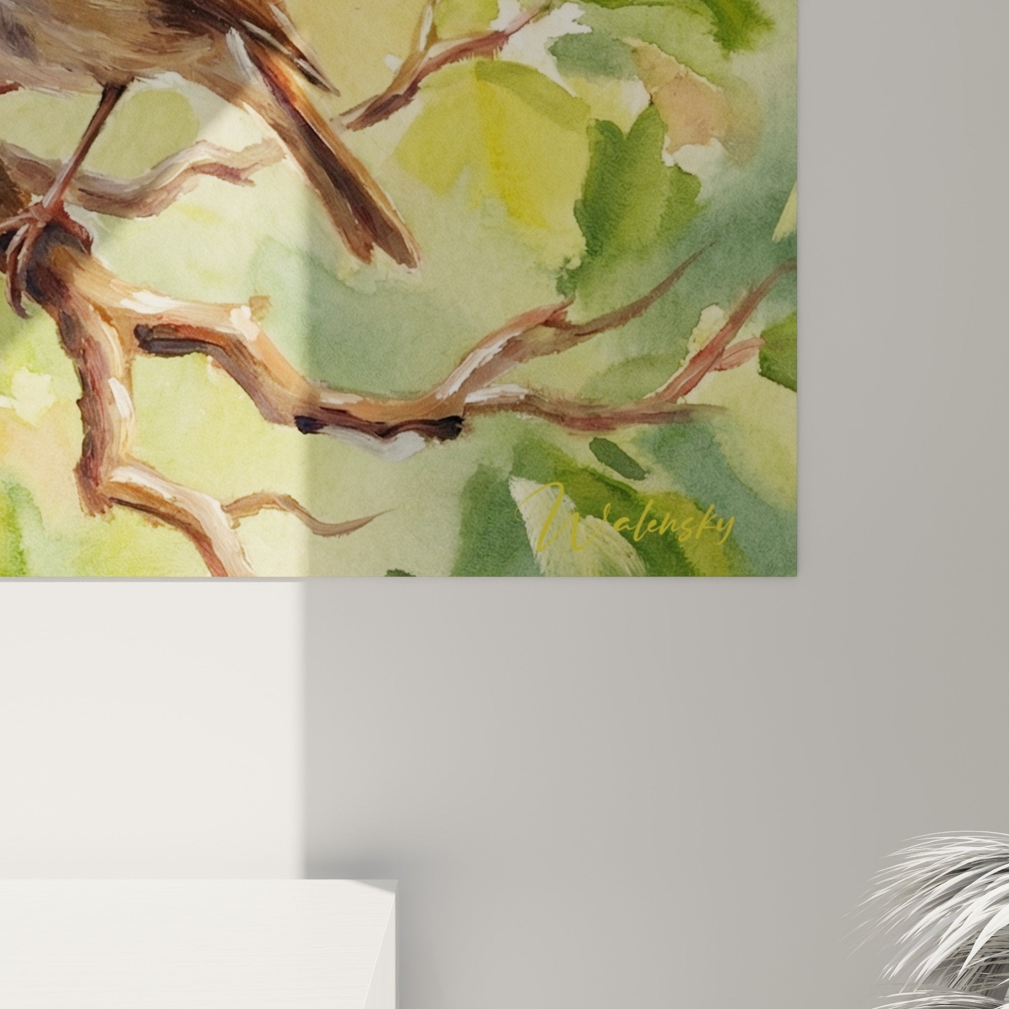 Overall view bird bonsai watercolor painting in green and gold tones Japanese zen style