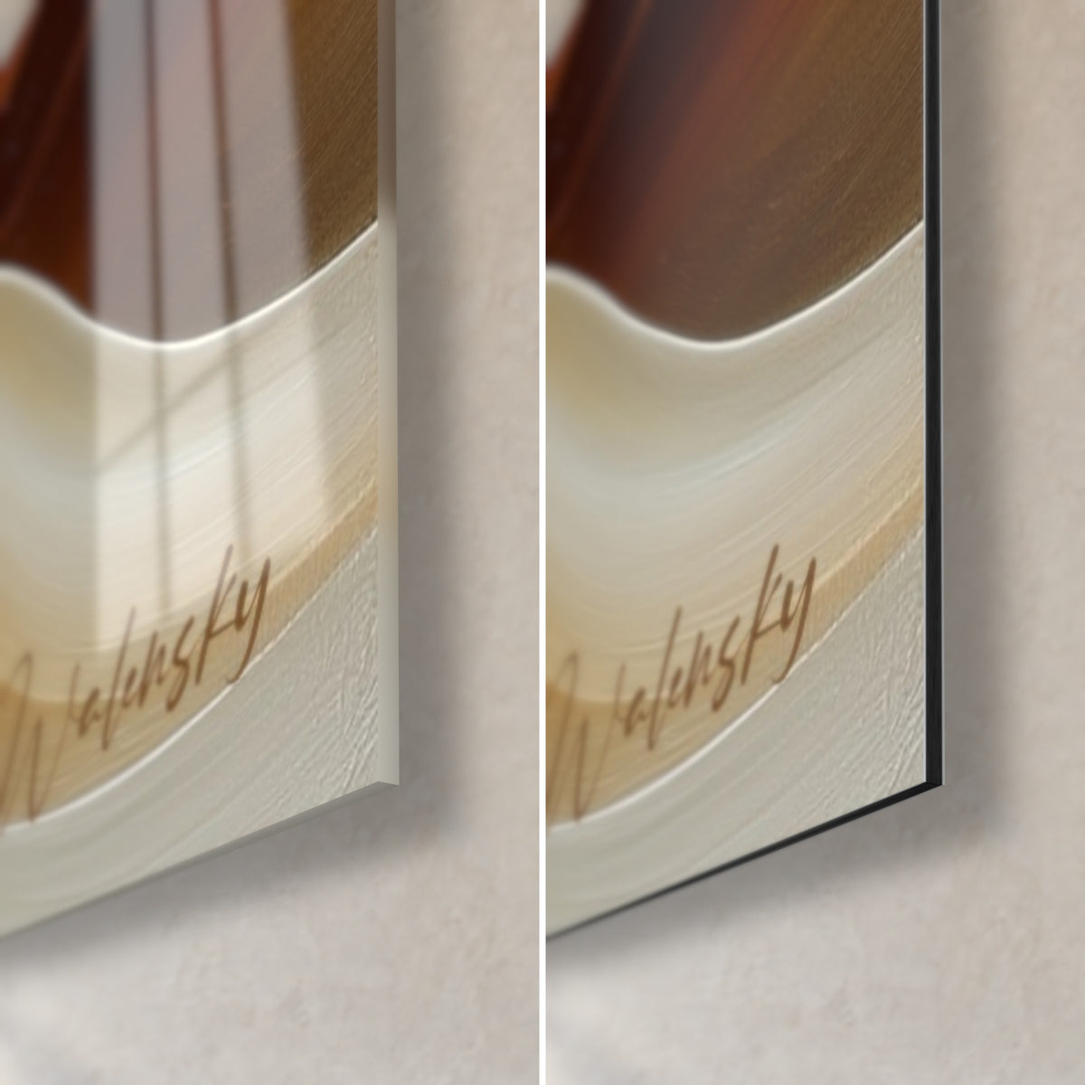 Schilderij met verfbanden in beige en koperbruin, rechtsonder: glanzend glas links, mat Dibond rechts