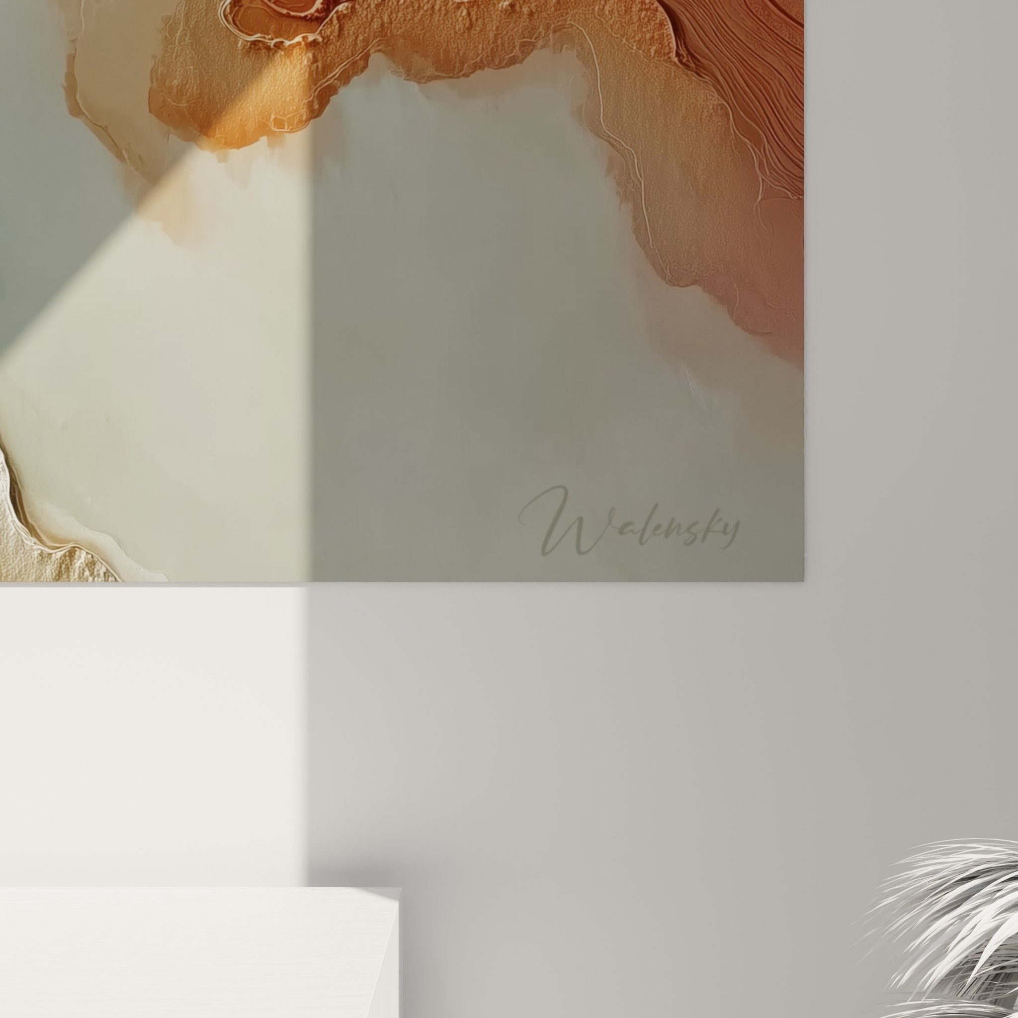 Vue ensemble tableau abstrait ondulations orange salon decoration murale feng shui terre