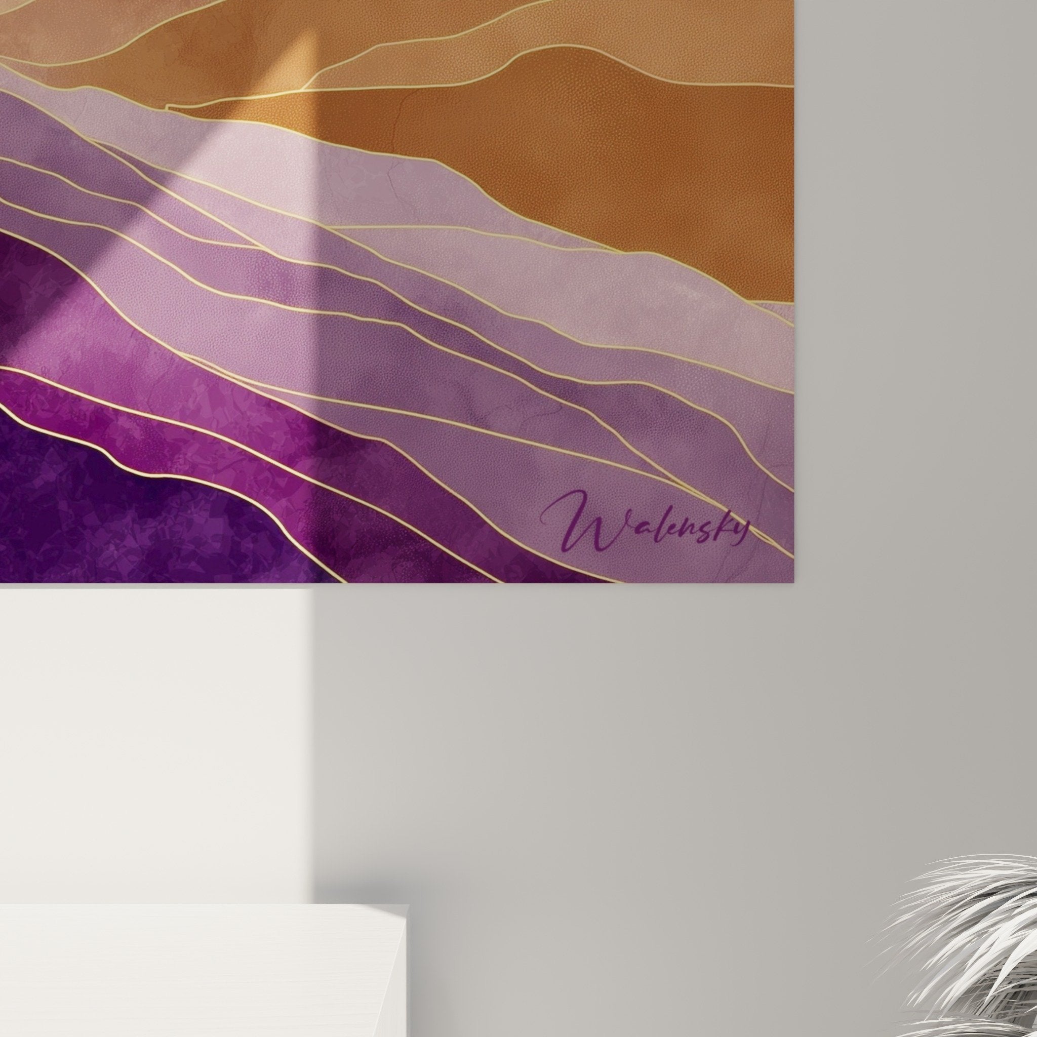 Gesamtansicht Gemälde violette Wellen Wohnzimmer Dekoration Feng-Shui Südosten Holz Harmonie