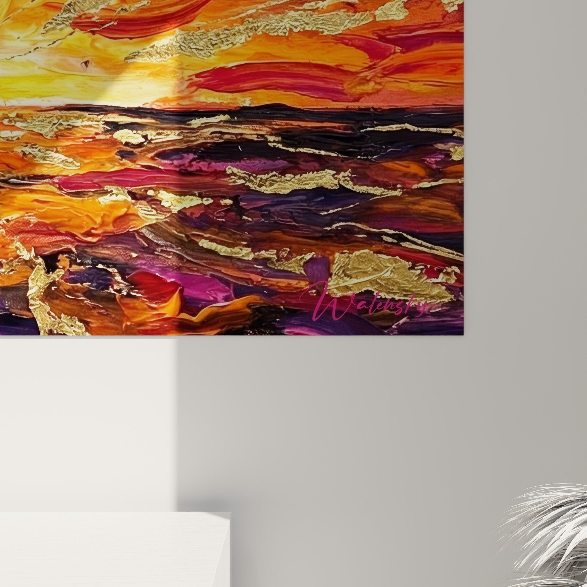 Vue ensemble tableau paddle silhouette coucher soleil violet orange decoration interieure murale moderne