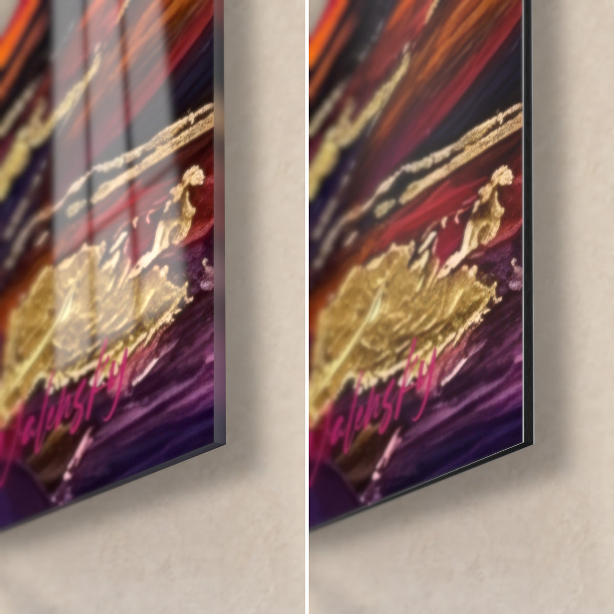 Gemälde einsamer Paddler, Detail unten rechts: glänzendes Glas links, matt gebürstetes Dibond rechts, violette und goldene Pastoseffekte, 3 mm Stärke