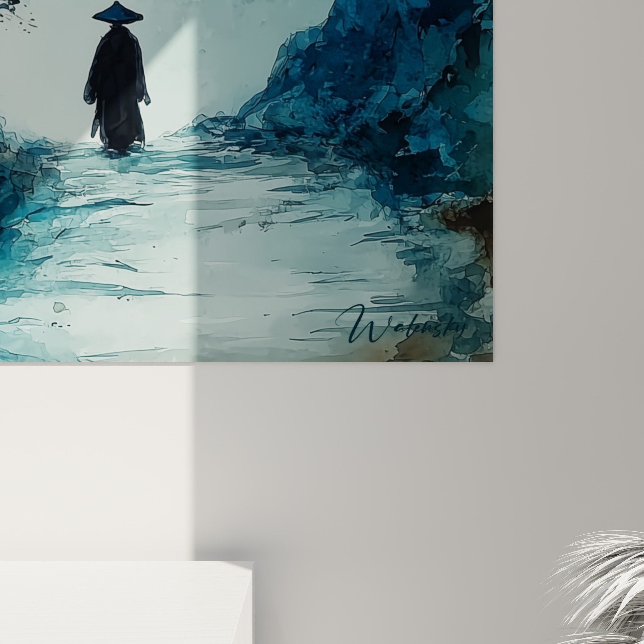 Vue ensemble tableau pagode brume bleue decoration murale zen spirituel aquarelle montagne