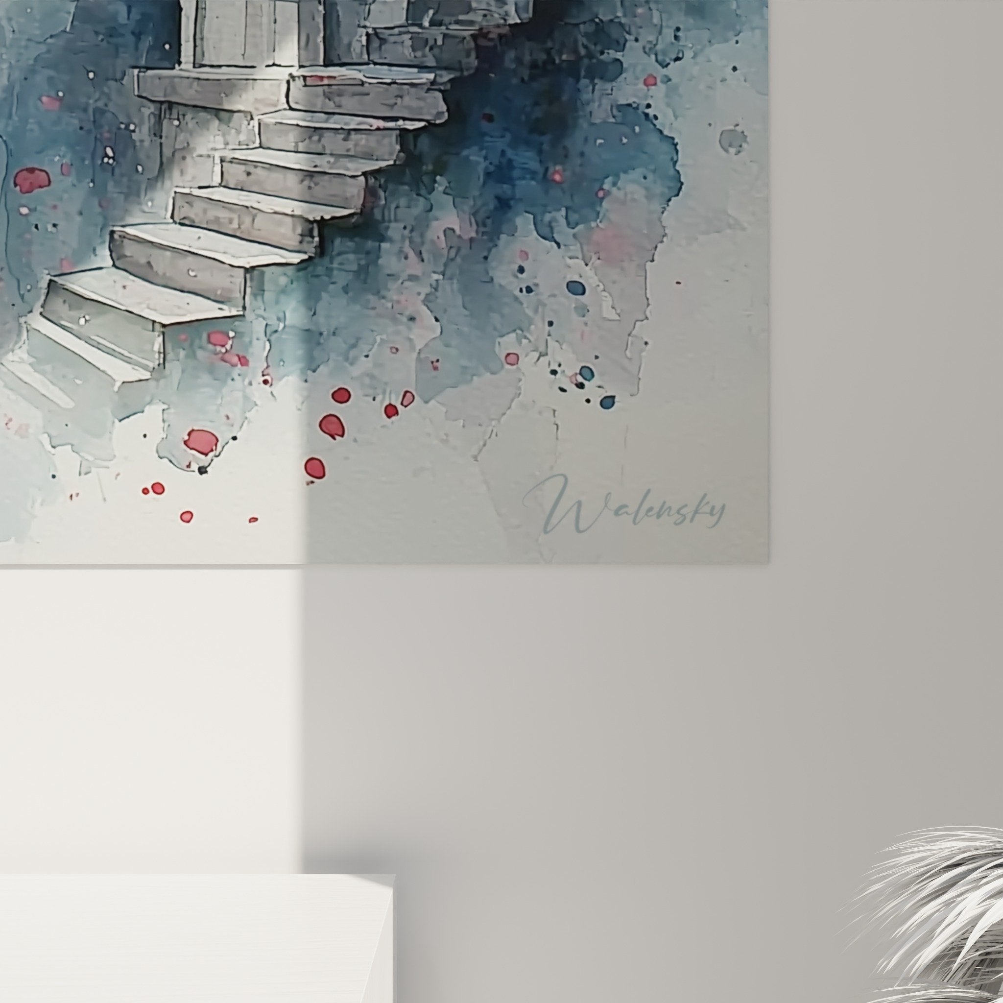 Red pagoda painting with cherry blossom flowers pink wall decor Japanese style watercolor zen