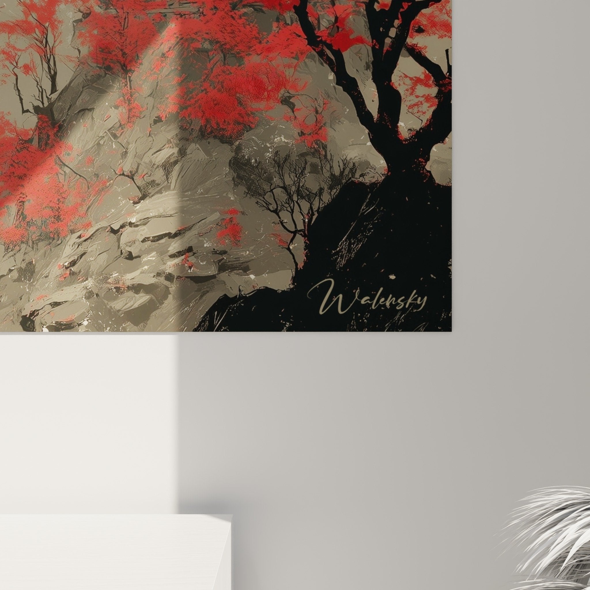 Full view pagoda painting cherry blossoms pink flowers red sun Japanese wall art decoration