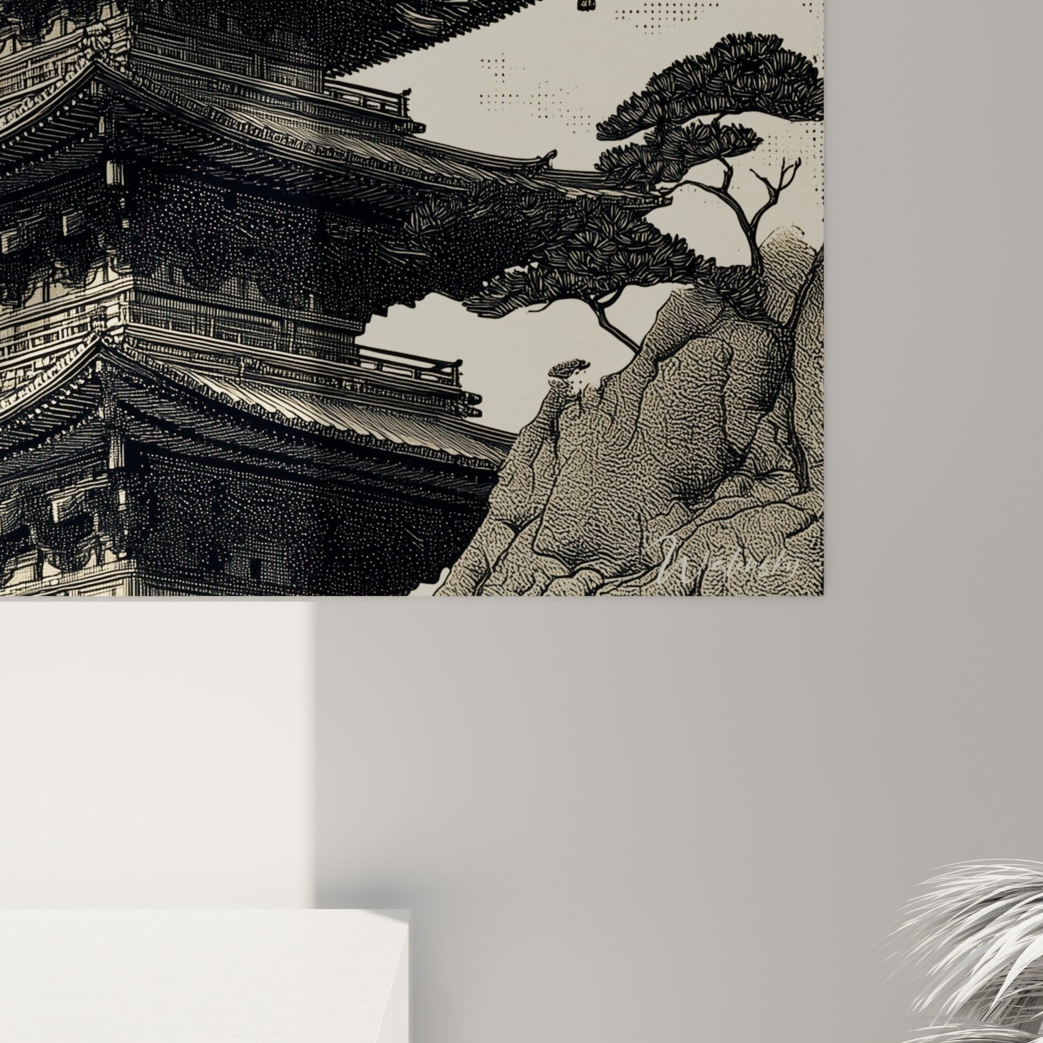 Vue ensemble tableau pagode japonaise noir beige style estampe decoration murale zen orientale