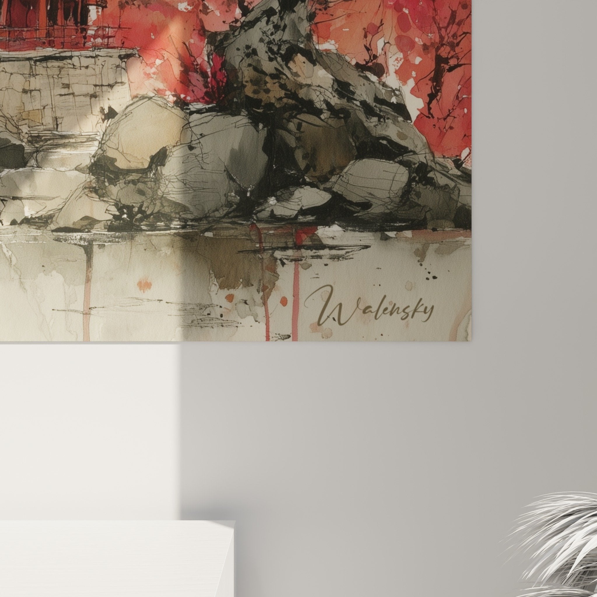 Full view Japanese pagoda painting red cherry blossoms pink water reflections zen wall art decoration