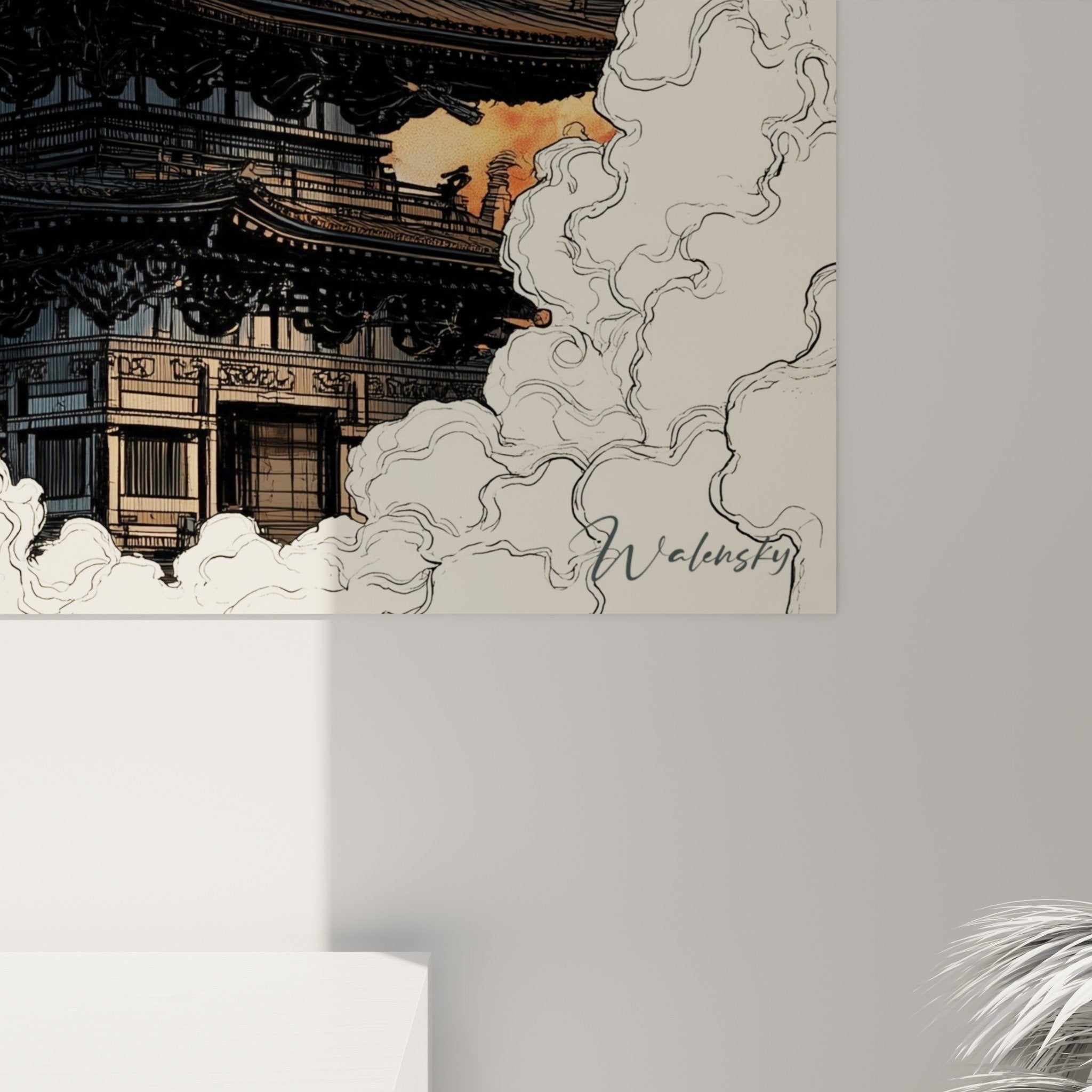 Vue ensemble tableau pagode japonaise nuages dorés decoration murale art oriental zen majestueux