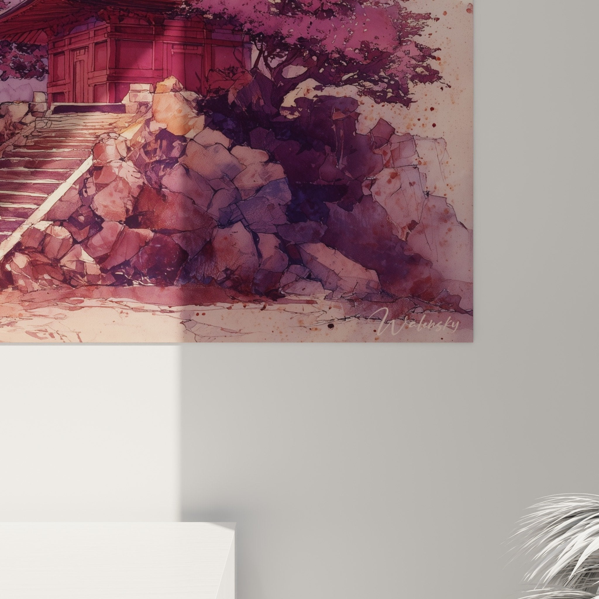 Full view pagoda Mount Fuji wall art living room Japanese mural decoration pink purple tones zen spiritual