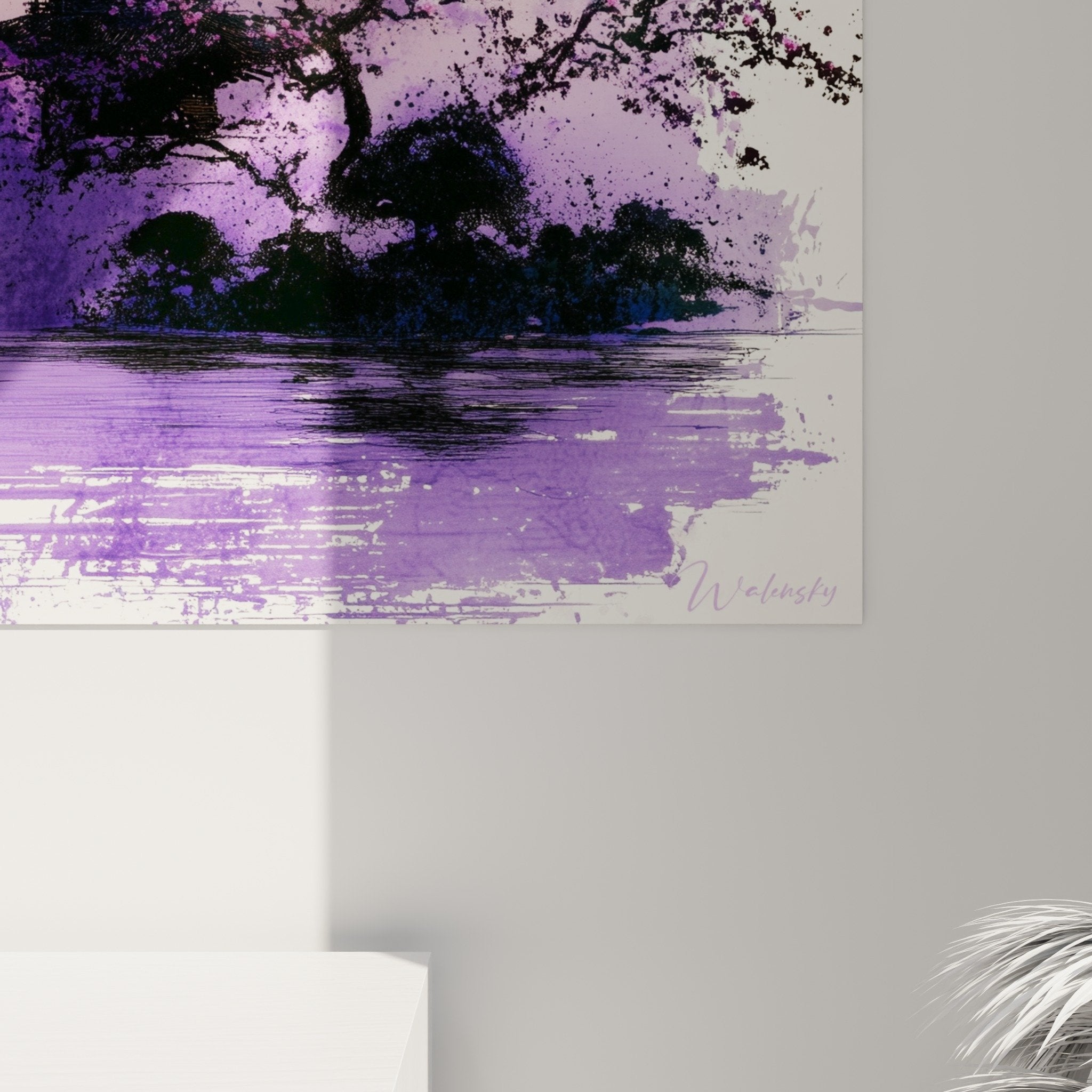 Vue ensemble tableau pagode orientale violet décoration murale japonaise