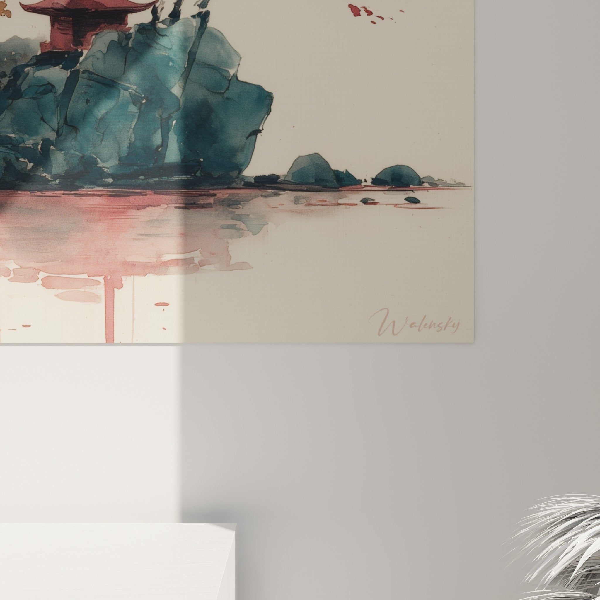 Overview watercolor pagoda painting in modern living room - decorative oriental wall art