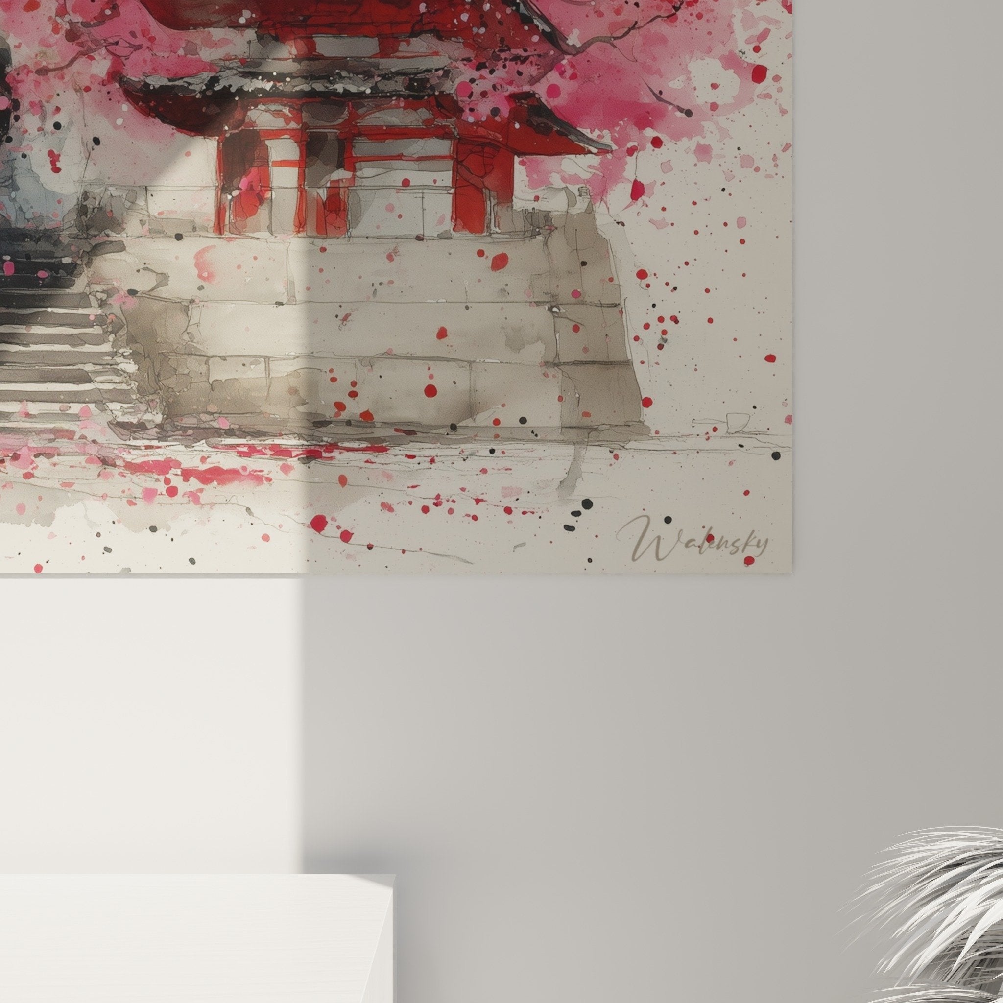 Overall view red pagoda temple mural artwork with cherry blossoms pink flowers interior zen decoration